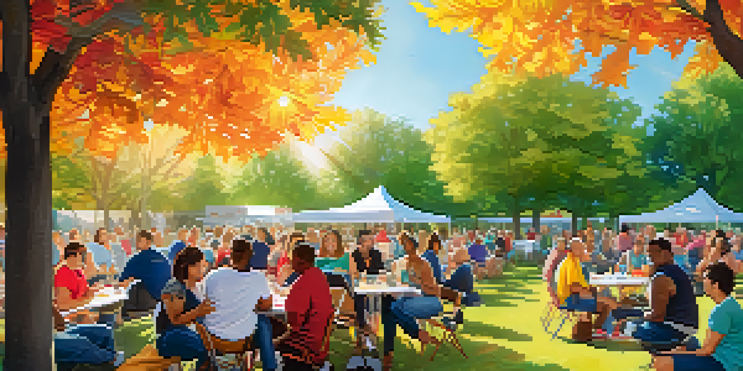 A diverse group of people in a park engaging in discussions and activities about addiction recovery, surrounded by colorful banners and nature.