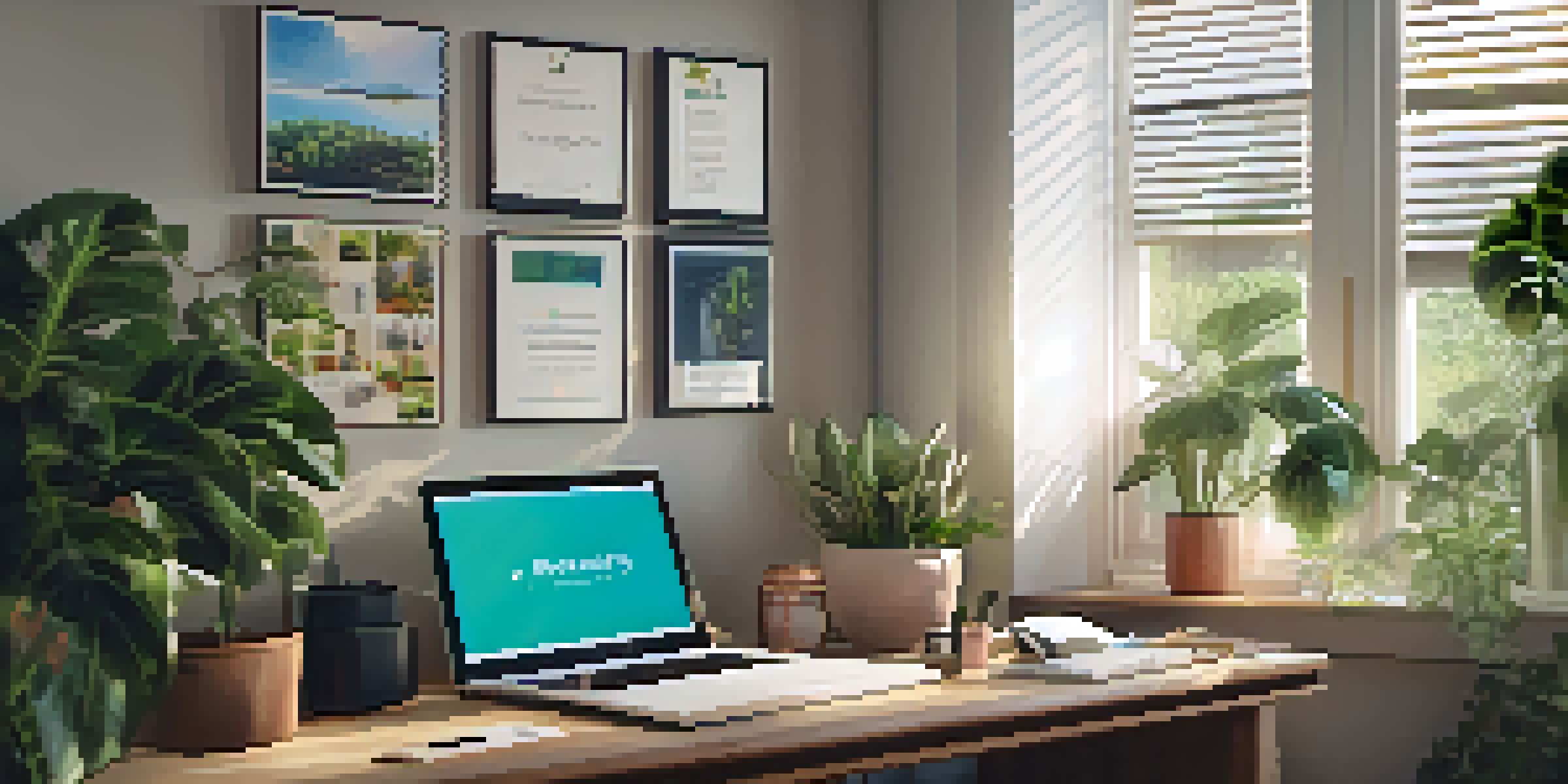 A cozy home office with a laptop showing a telehealth session, surrounded by plants and motivational posters.