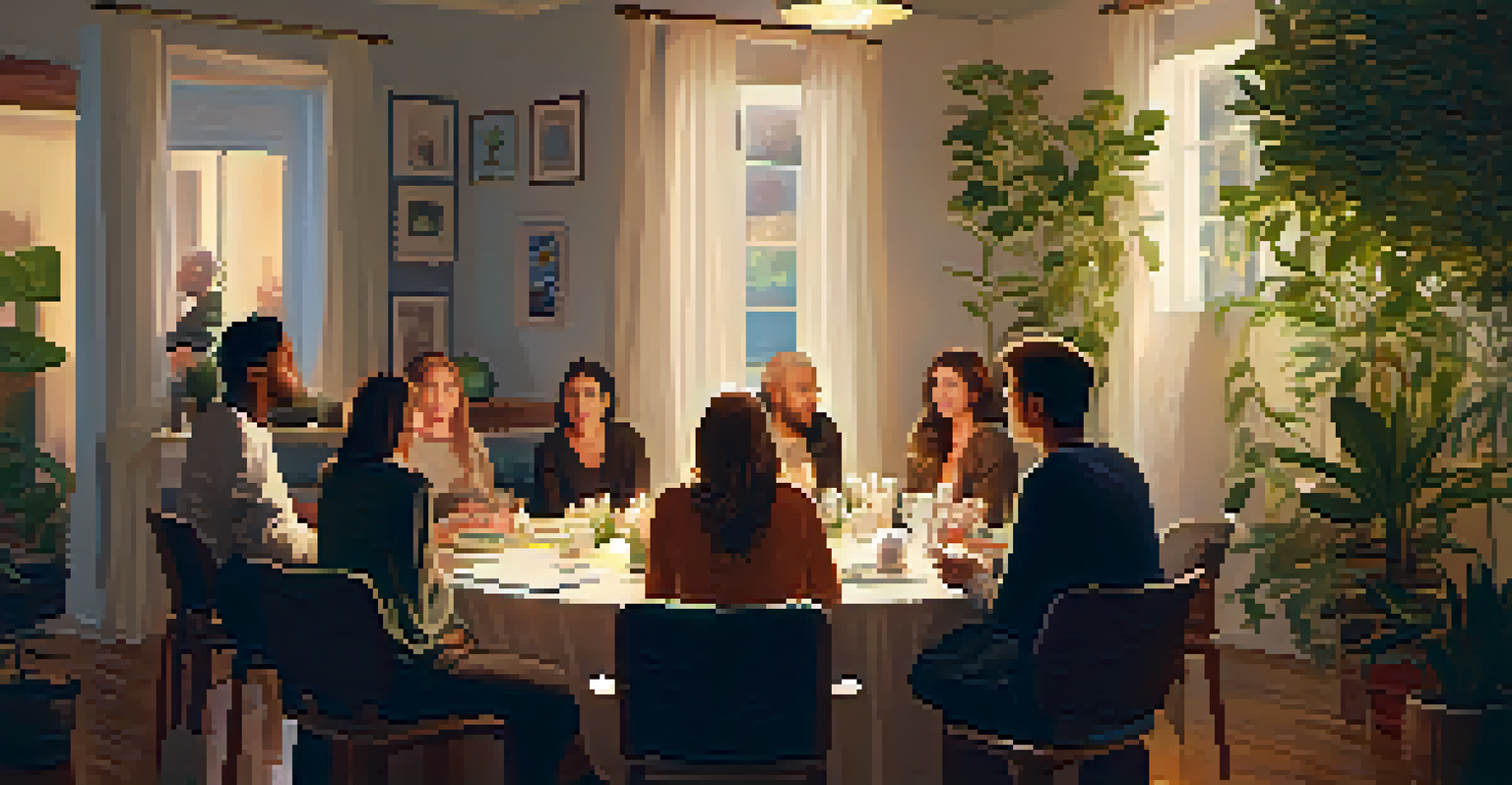 A cozy support group meeting in a softly lit room with plants and a candle, depicting individuals sharing experiences and building community.
