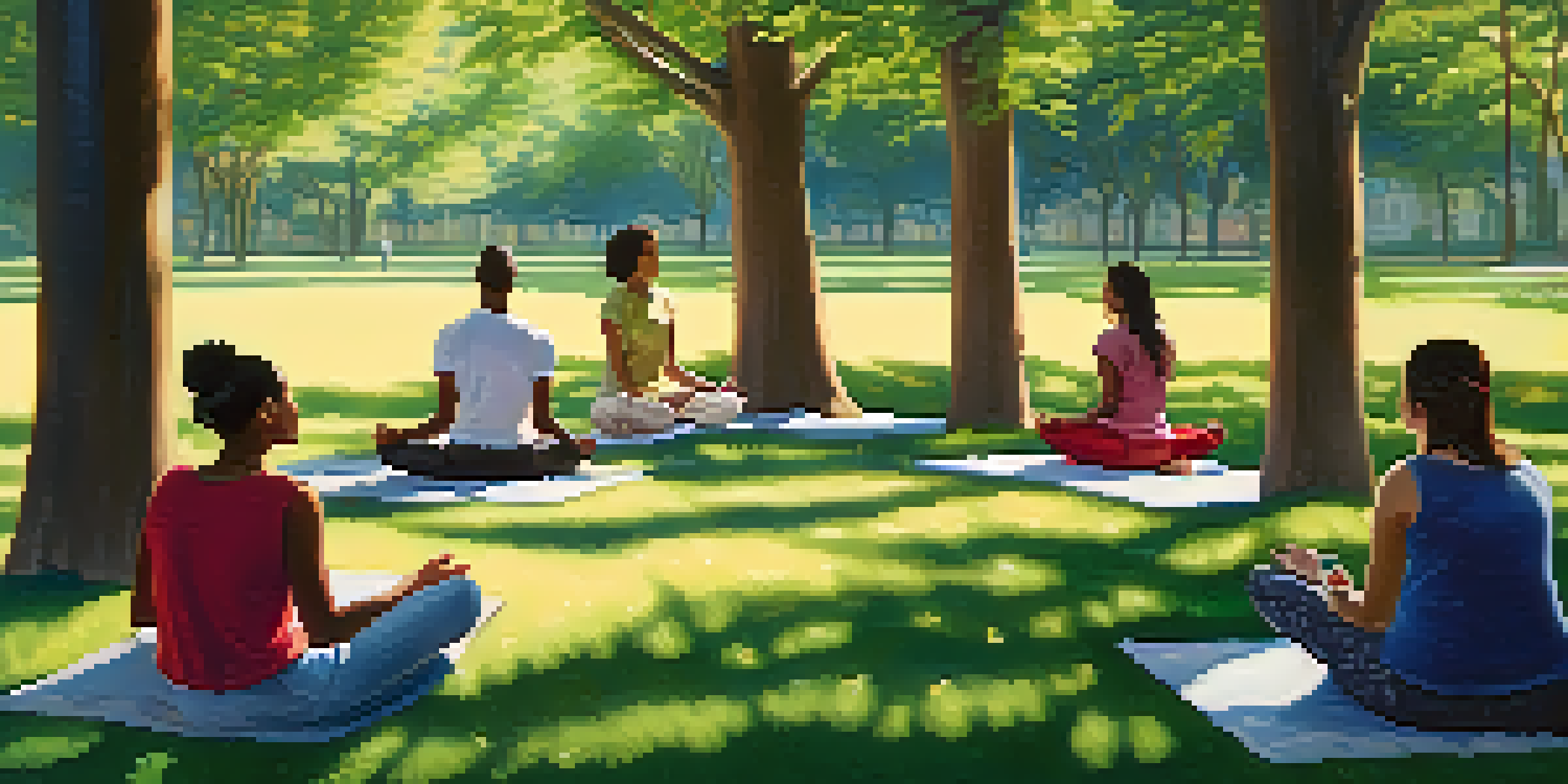 A group of diverse individuals meditating in a sunlit park surrounded by trees and flowers.