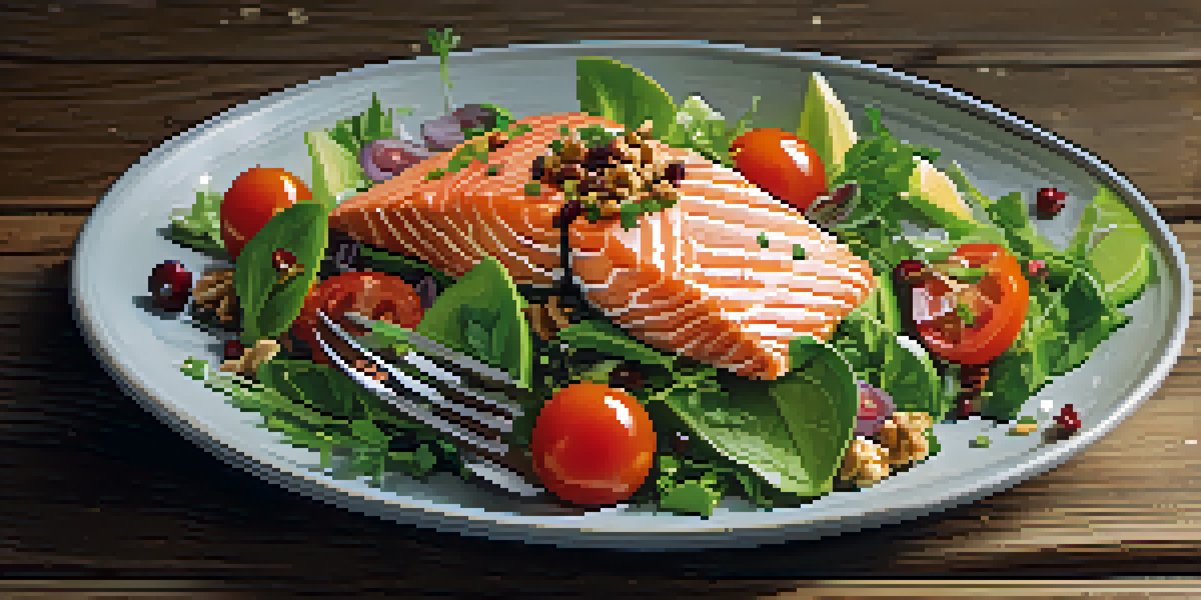 A colorful salmon salad with greens, tomatoes, avocado, chia seeds, and walnuts on a wooden table.