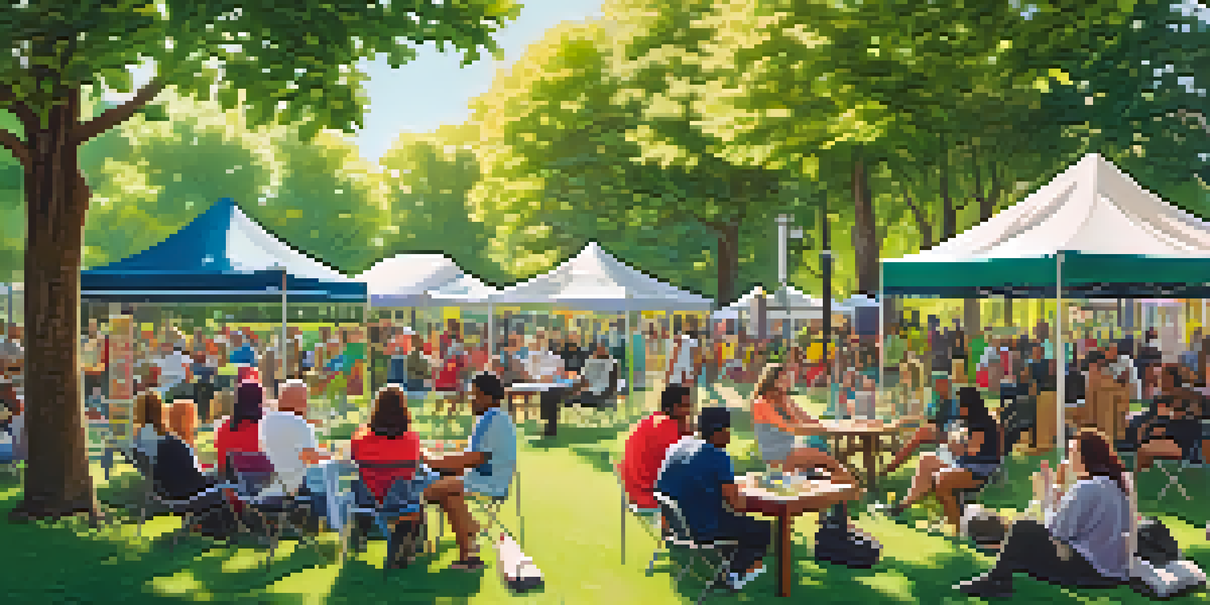 A lively park scene with diverse people interacting, colorful banners, and sunlight filtering through trees.