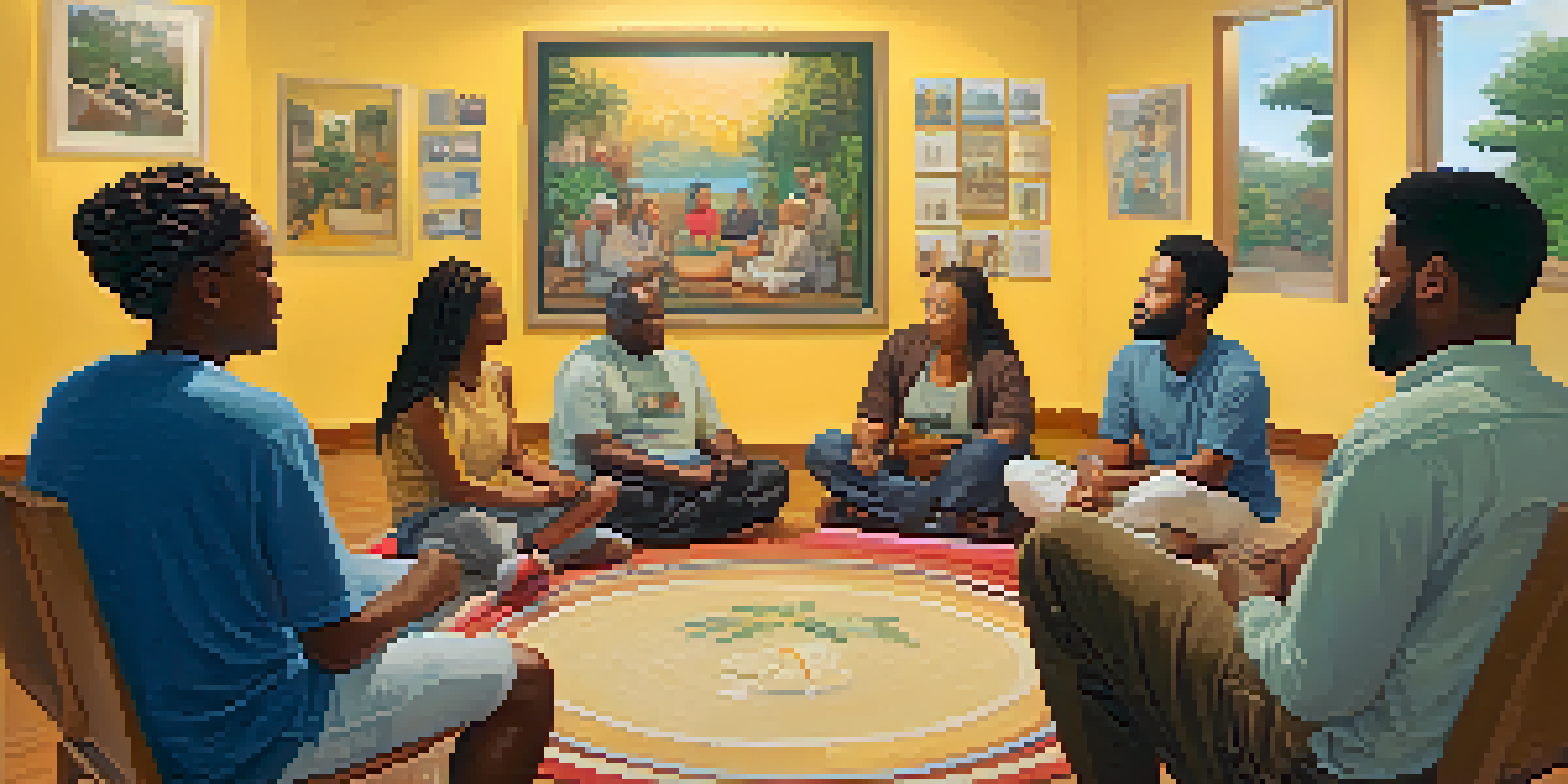 A diverse group of individuals sitting in a circle in a support group, showing expressions of empathy and understanding.