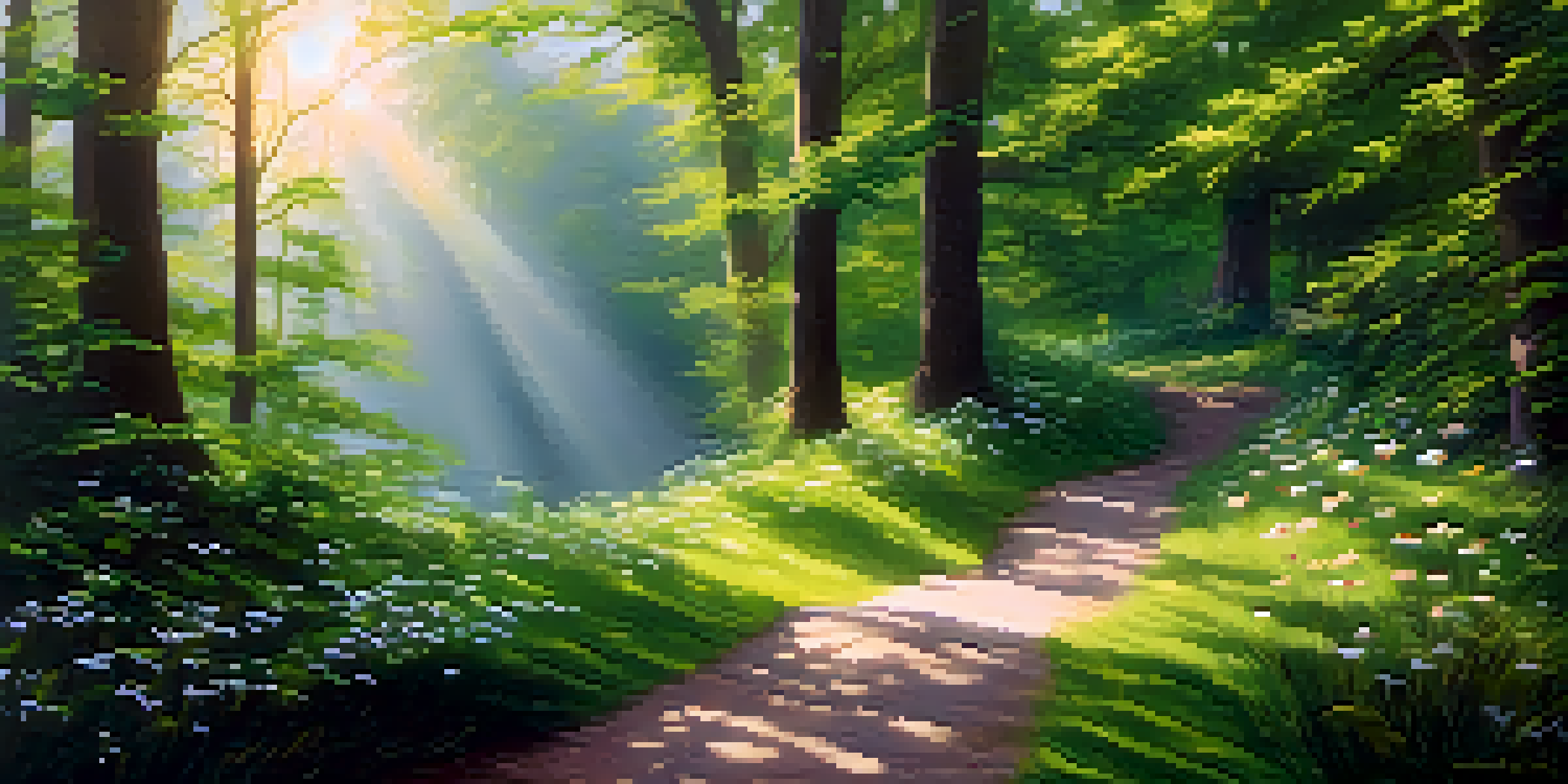 A peaceful forest path illustrating a journey of recovery, with greenery and sunlight creating a hopeful atmosphere.