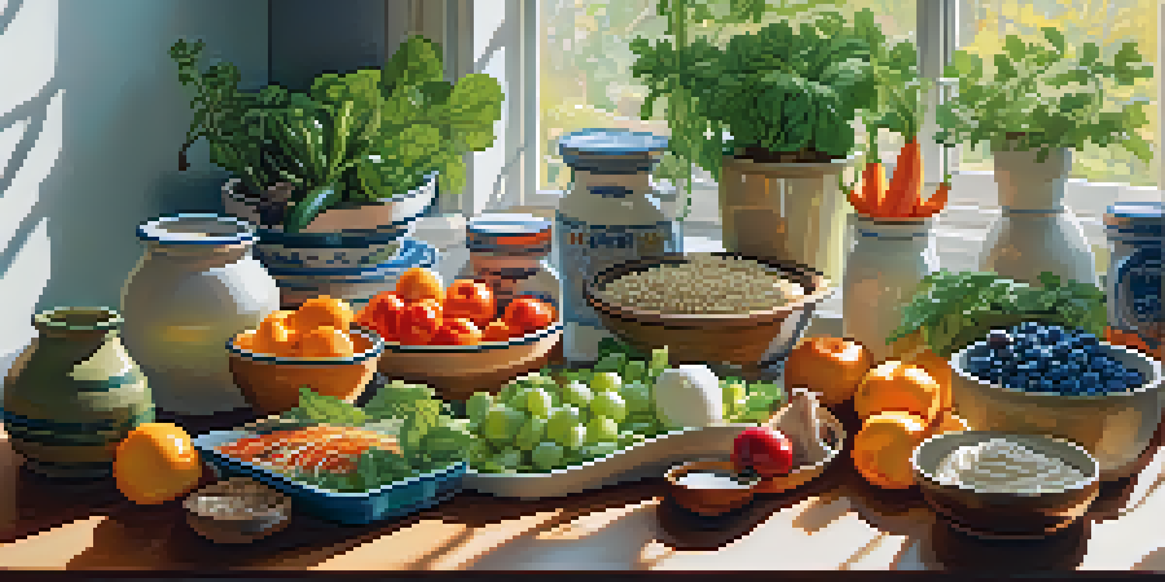 A kitchen table filled with fresh fruits, vegetables, whole grains, and fermented foods, illuminated by natural sunlight.