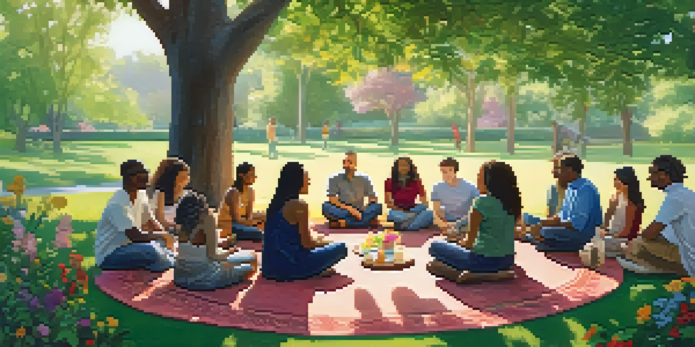 A diverse group of people sitting in a circle in a park, sharing stories with expressions of empathy.