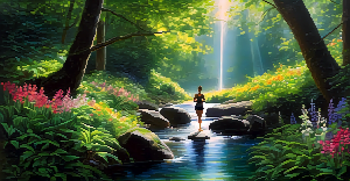 A person practicing yoga on a rock in a serene green forest with sunlight filtering through leaves, surrounded by flowers and a calm stream.