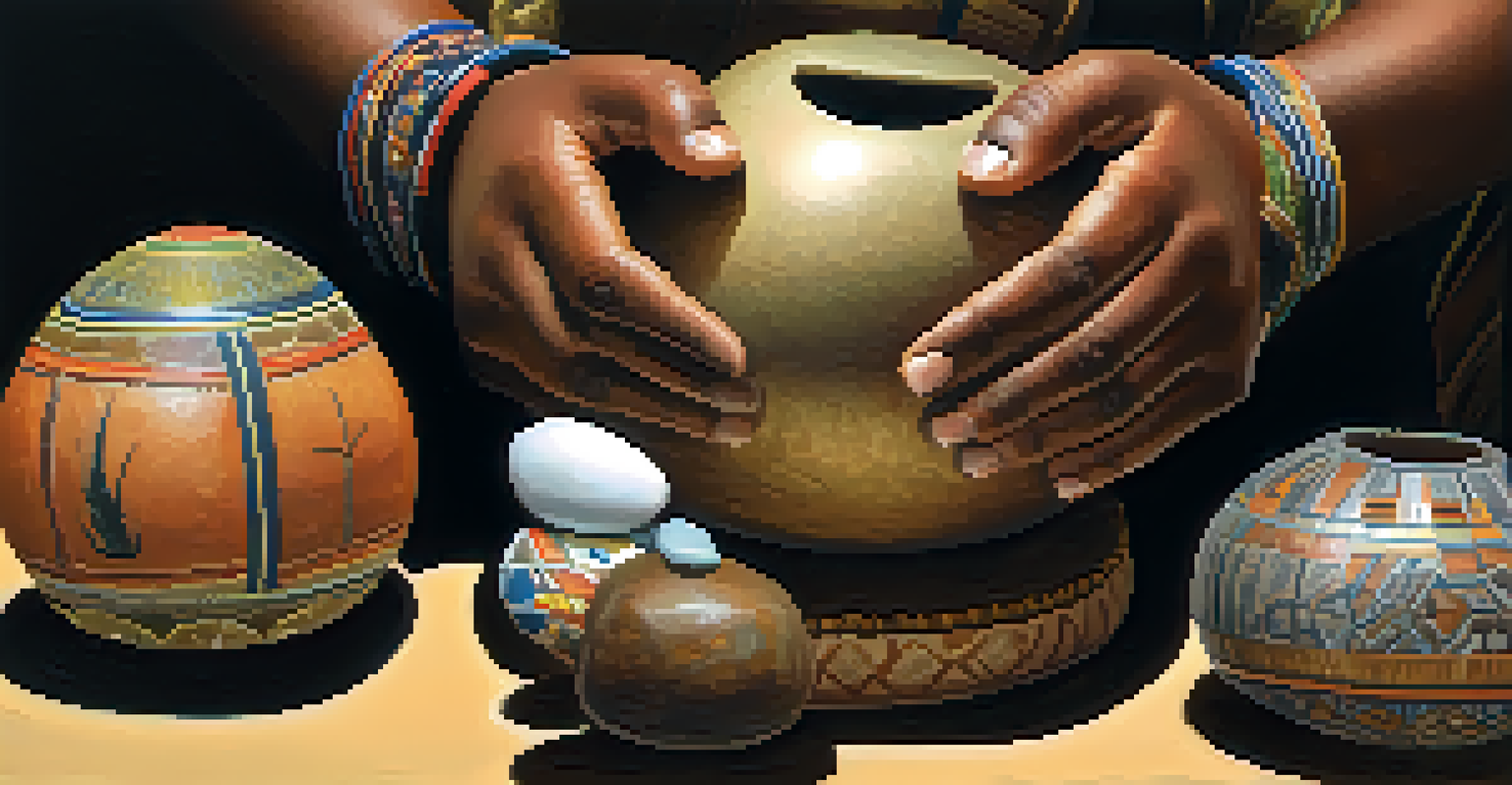 Close-up of diverse hands holding traditional cultural objects like a ceremonial drum and a healing stone during a recovery session.