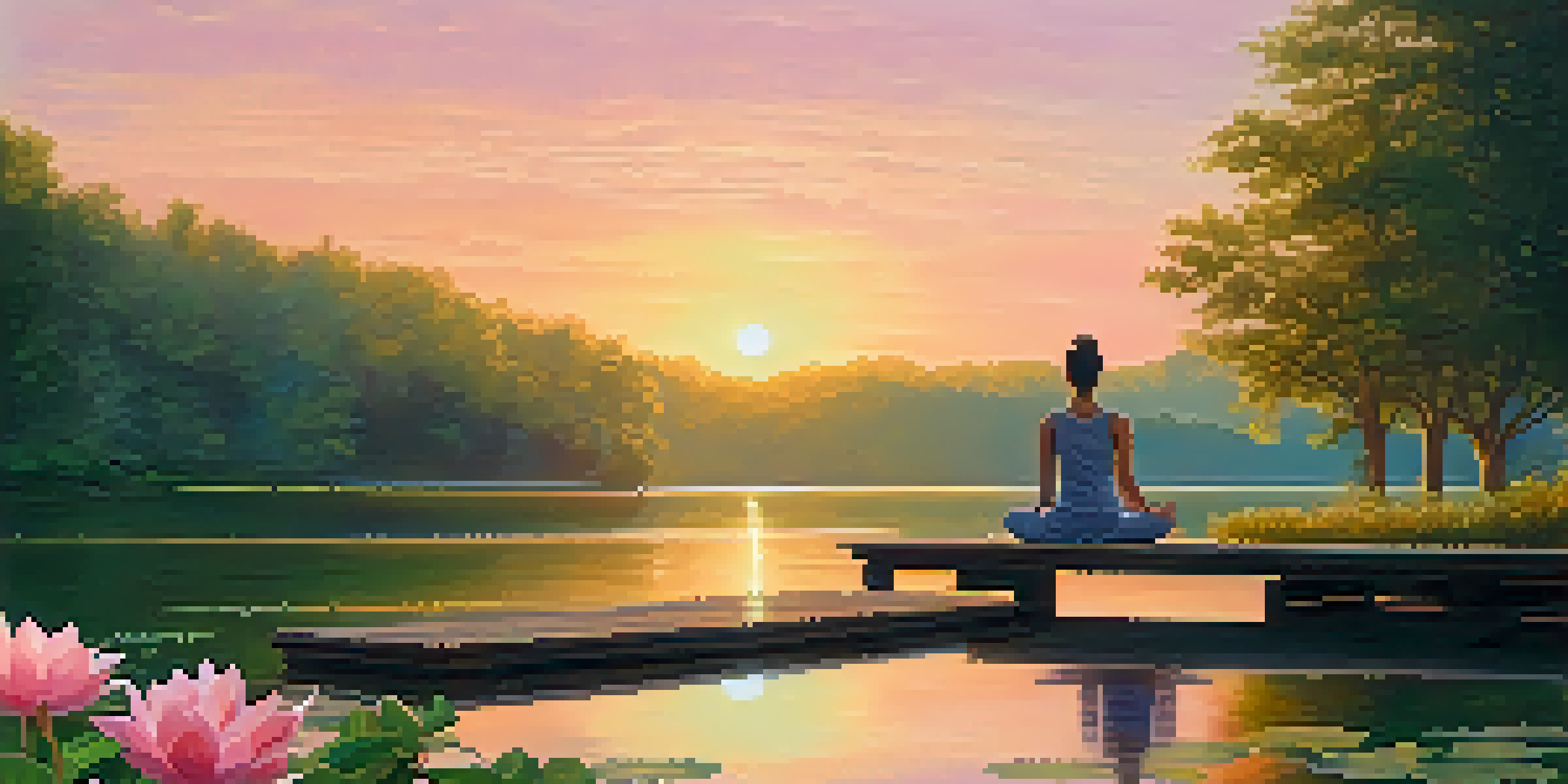 A person doing yoga on a dock at sunrise, surrounded by a calm lake and lush greenery.