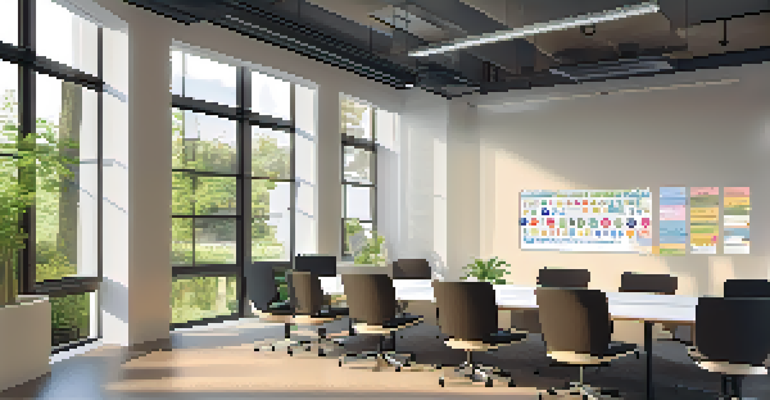 An inviting meeting room with chairs arranged in a circle, decorated with motivational quotes and natural light from a window.