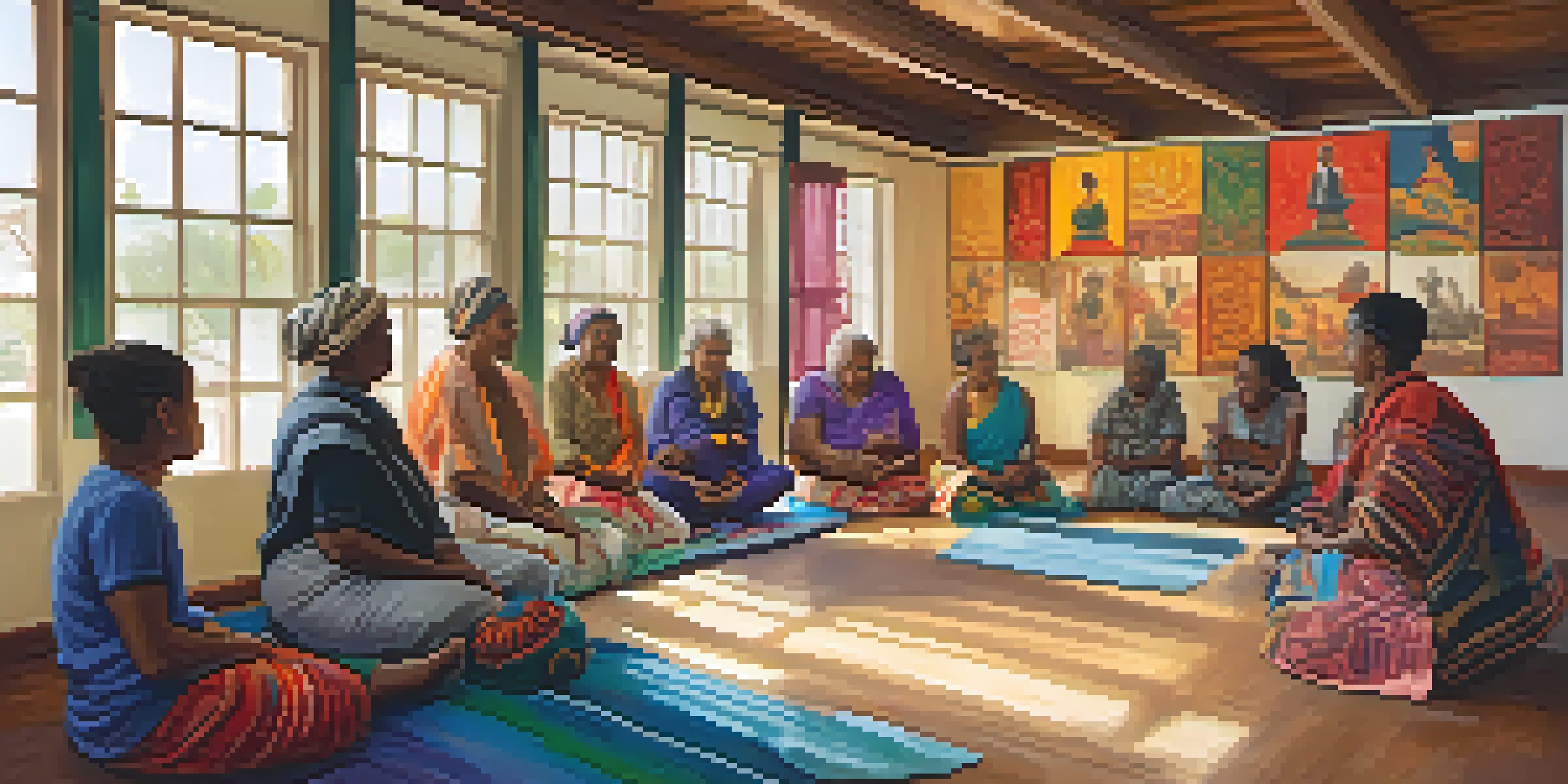 A community center filled with cultural artifacts, showing a diverse group in a supportive therapy session, with warm lighting and colorful decorations.