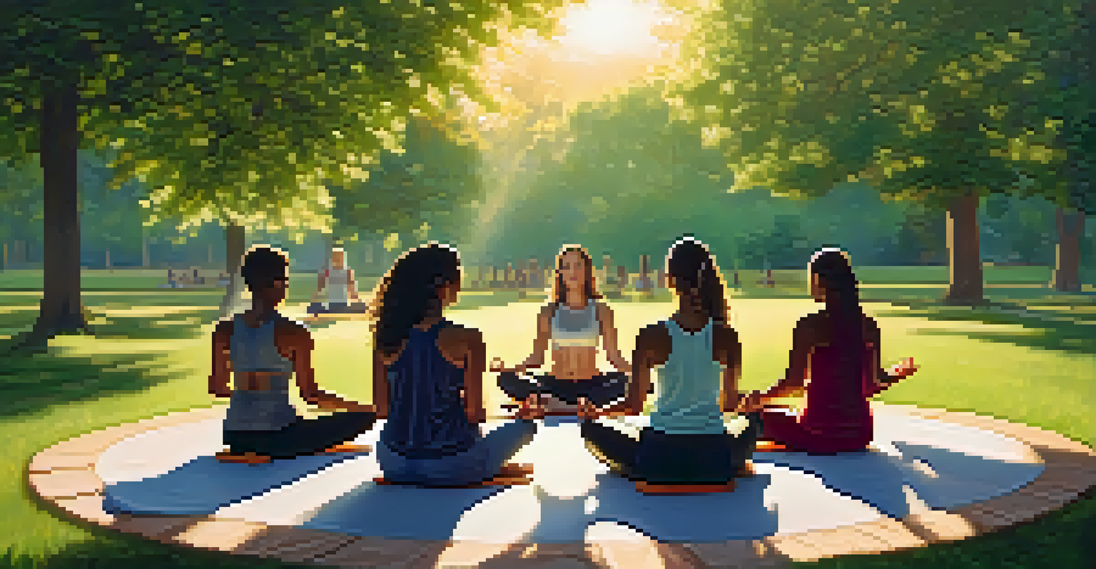 A group of people practicing breathwork in a circle outdoors, surrounded by a green park during sunset.