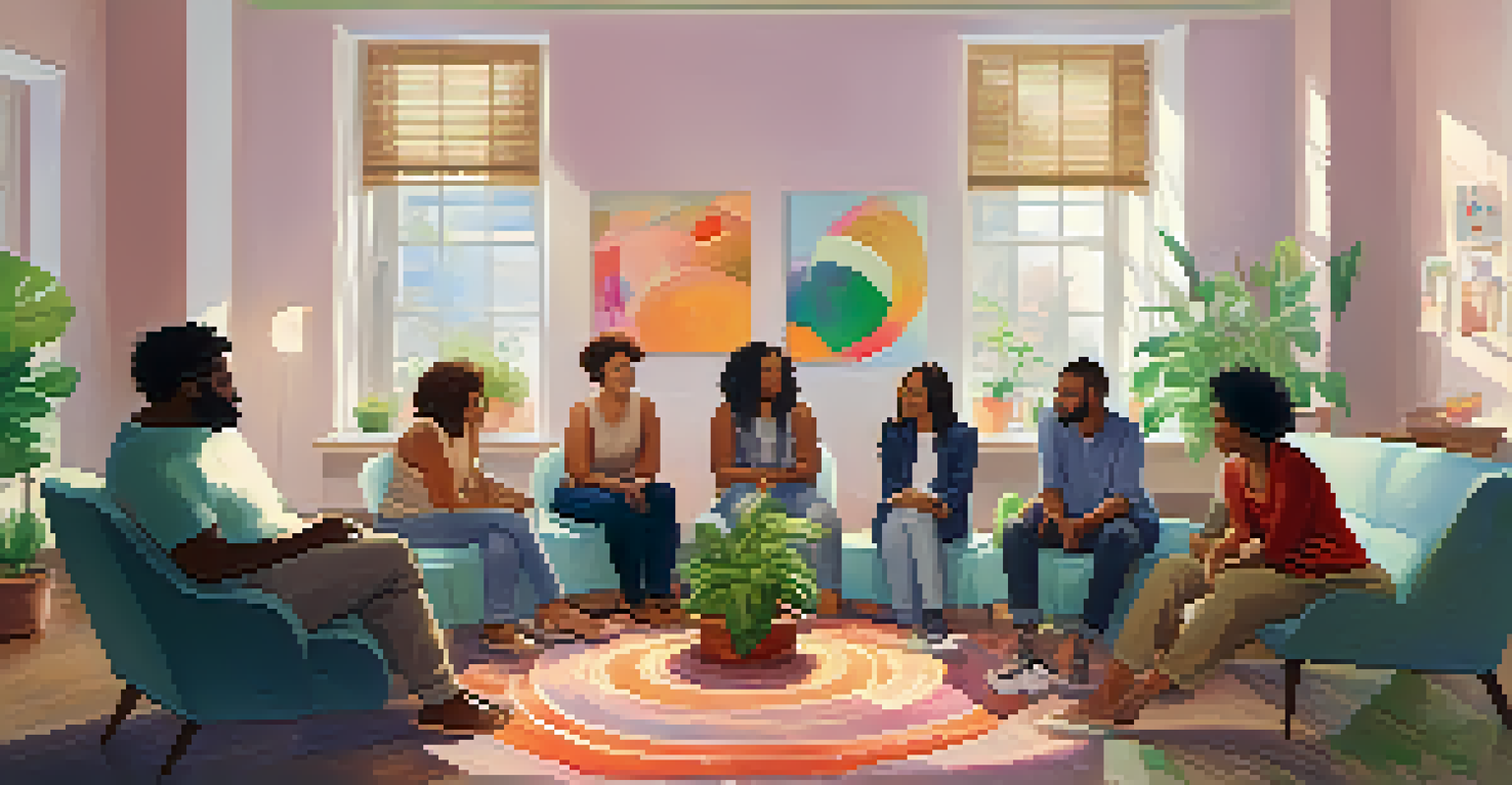 A group therapy session with individuals sitting in a circle, sharing experiences in a warm and inviting room filled with supportive energy.