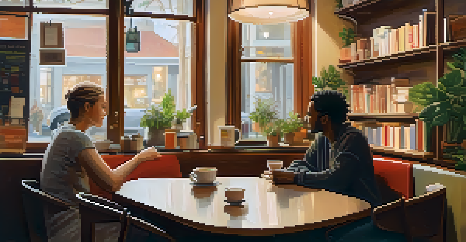 Two friends engaged in a heartfelt conversation in a cozy coffee shop.