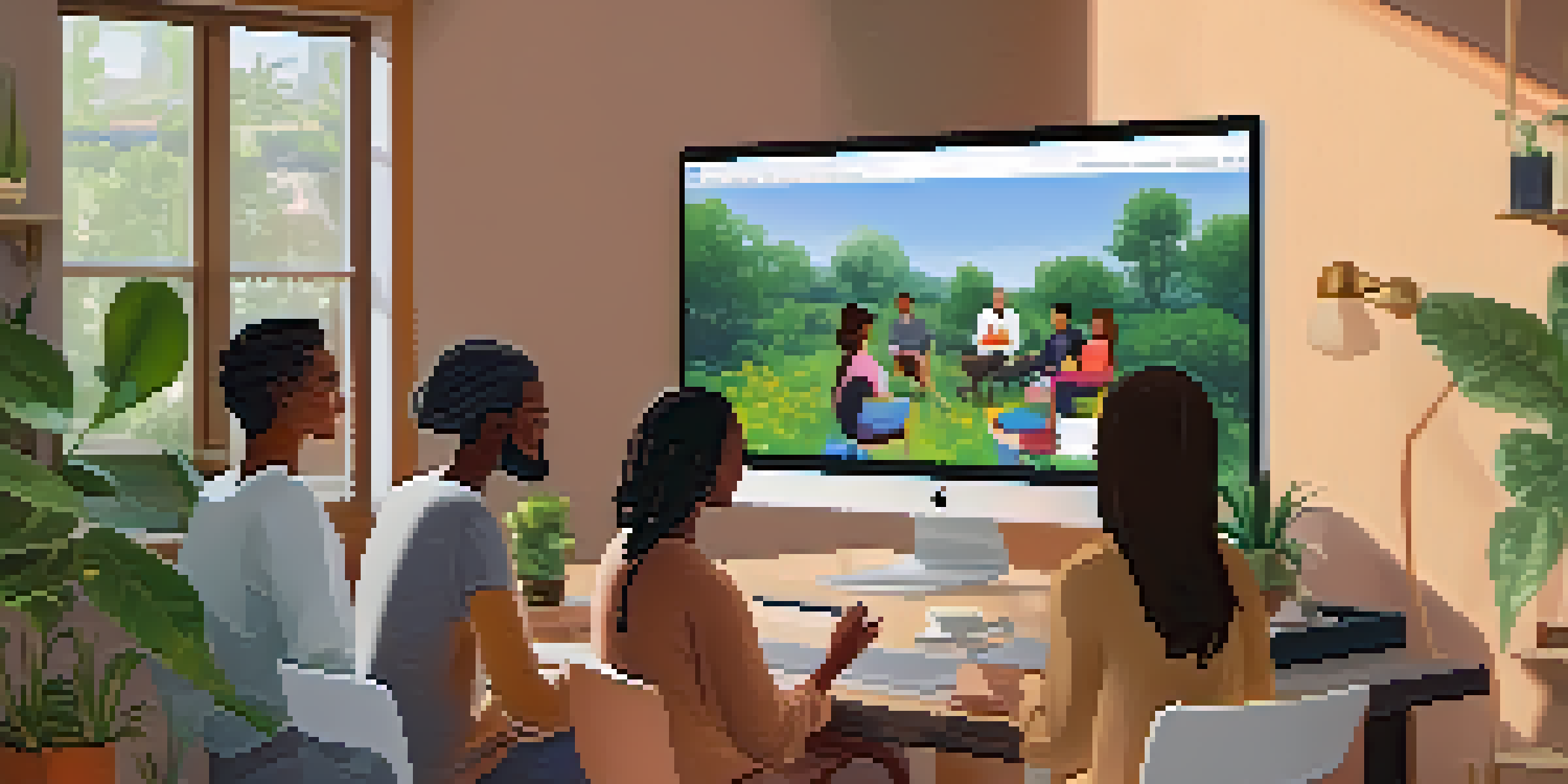 A computer screen showing a virtual support group with diverse individuals talking and smiling, set in a cozy home environment.