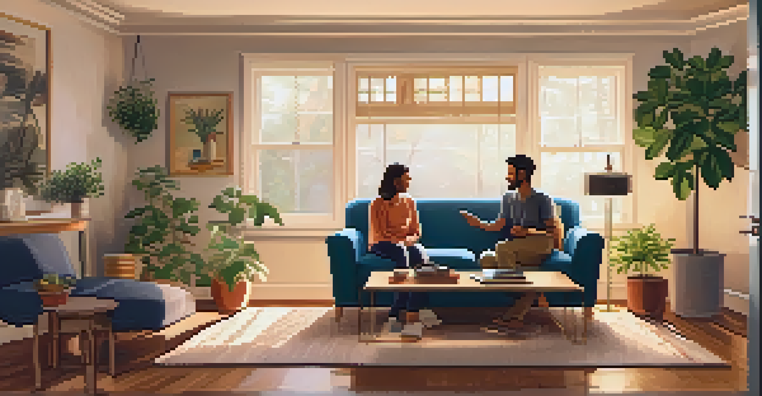 A couple sitting on a couch in a cozy living room, holding hands and sharing a conversation.