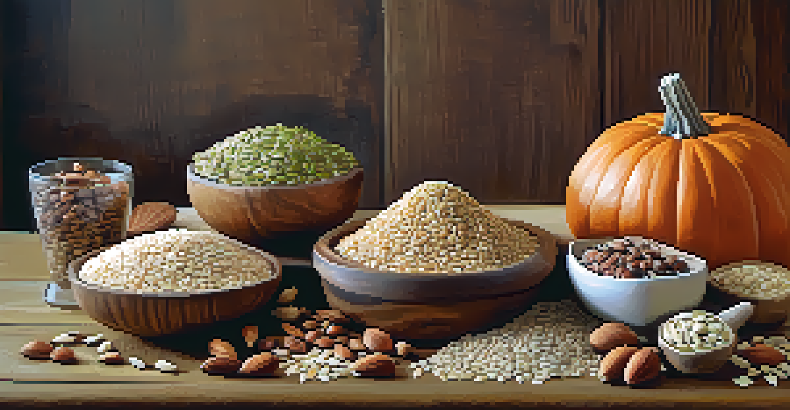 A beautifully arranged display of whole grains, nuts, and seeds on a wooden table, with fresh herbs adding color under warm lighting.