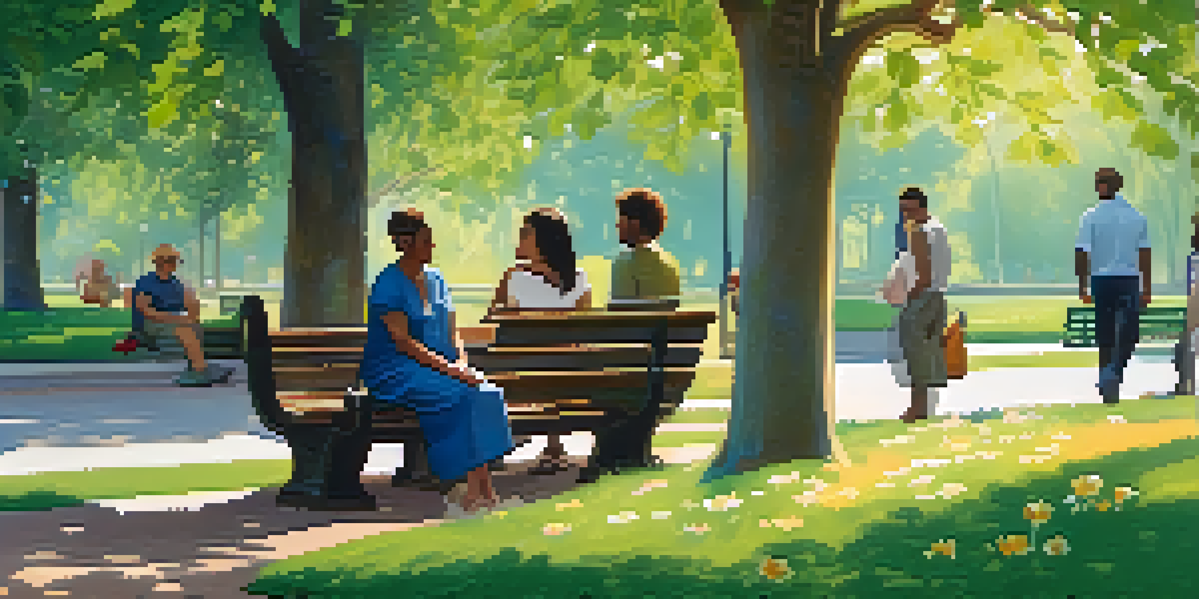 A peaceful park with a diverse group of people on benches, sharing stories amidst blooming flowers and green trees.