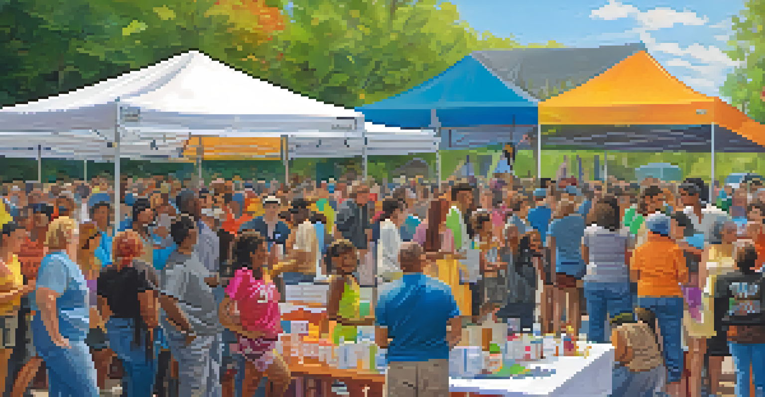 A vibrant outdoor community event with diverse individuals participating in addiction awareness activities and booths.