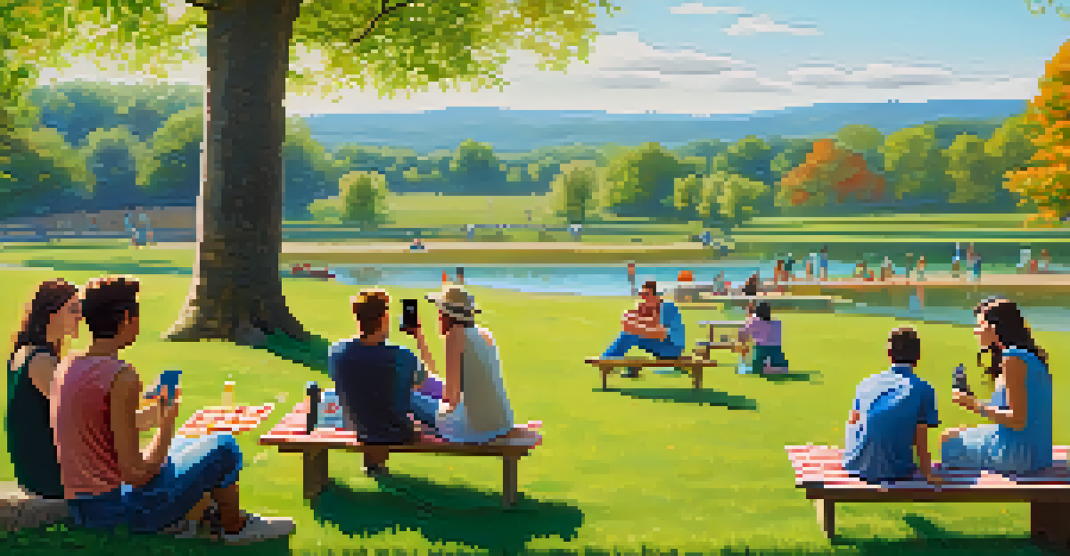 A group of friends having a picnic in a park while one person sits alone on a bench, focused on their phone, highlighting the contrast between real and virtual connections.