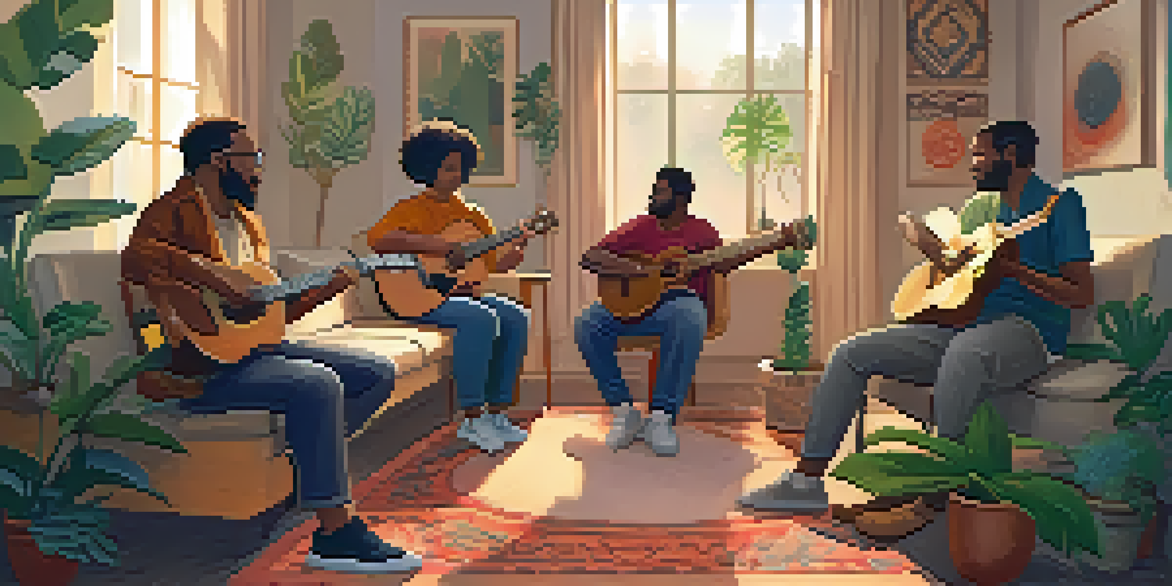 A group of individuals participating in a music therapy session, sitting in a circle with musical instruments in a cozy, softly lit room.