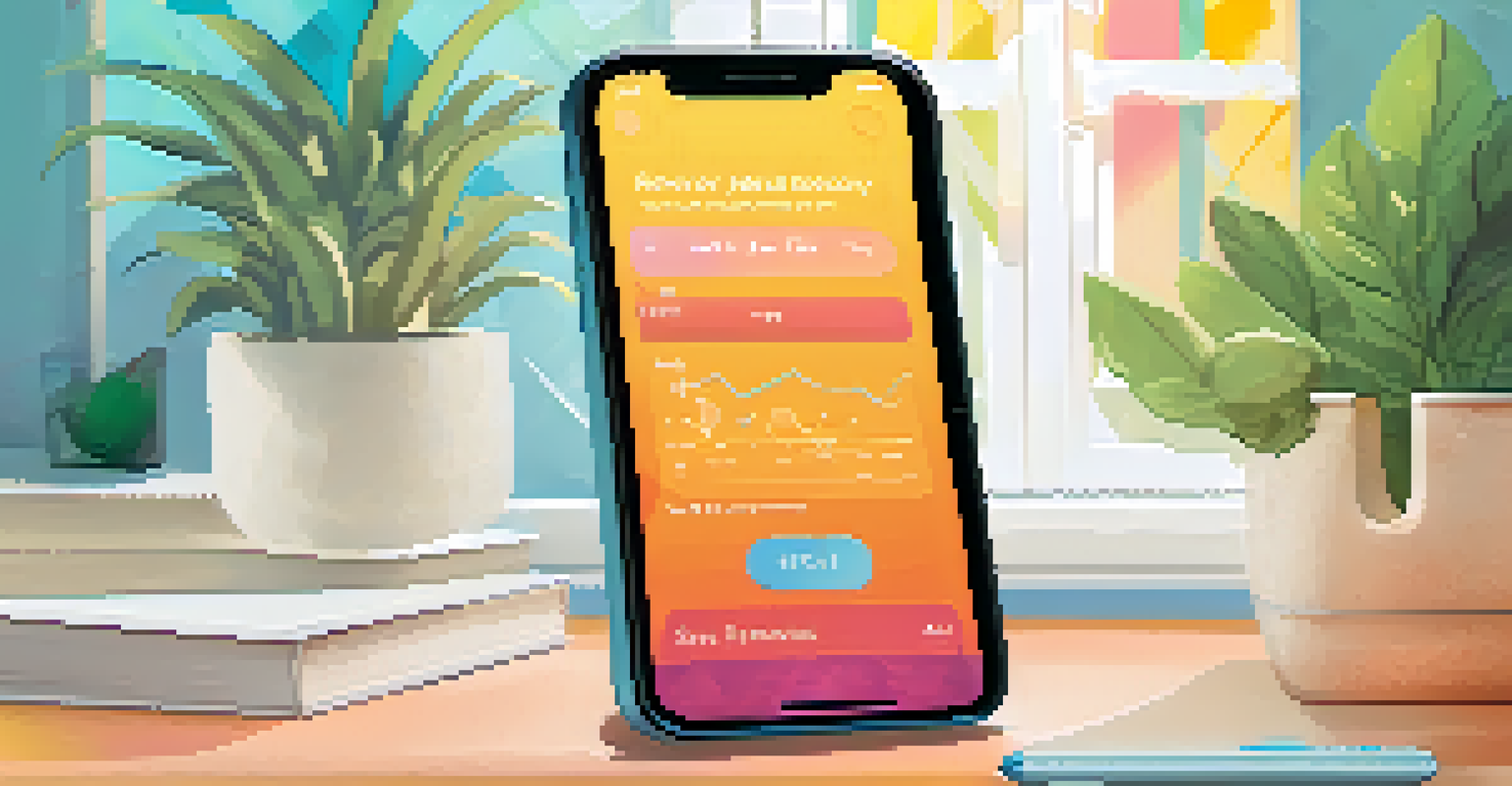 A mobile app for recovery with various features displayed on a smartphone, set in a bright environment.