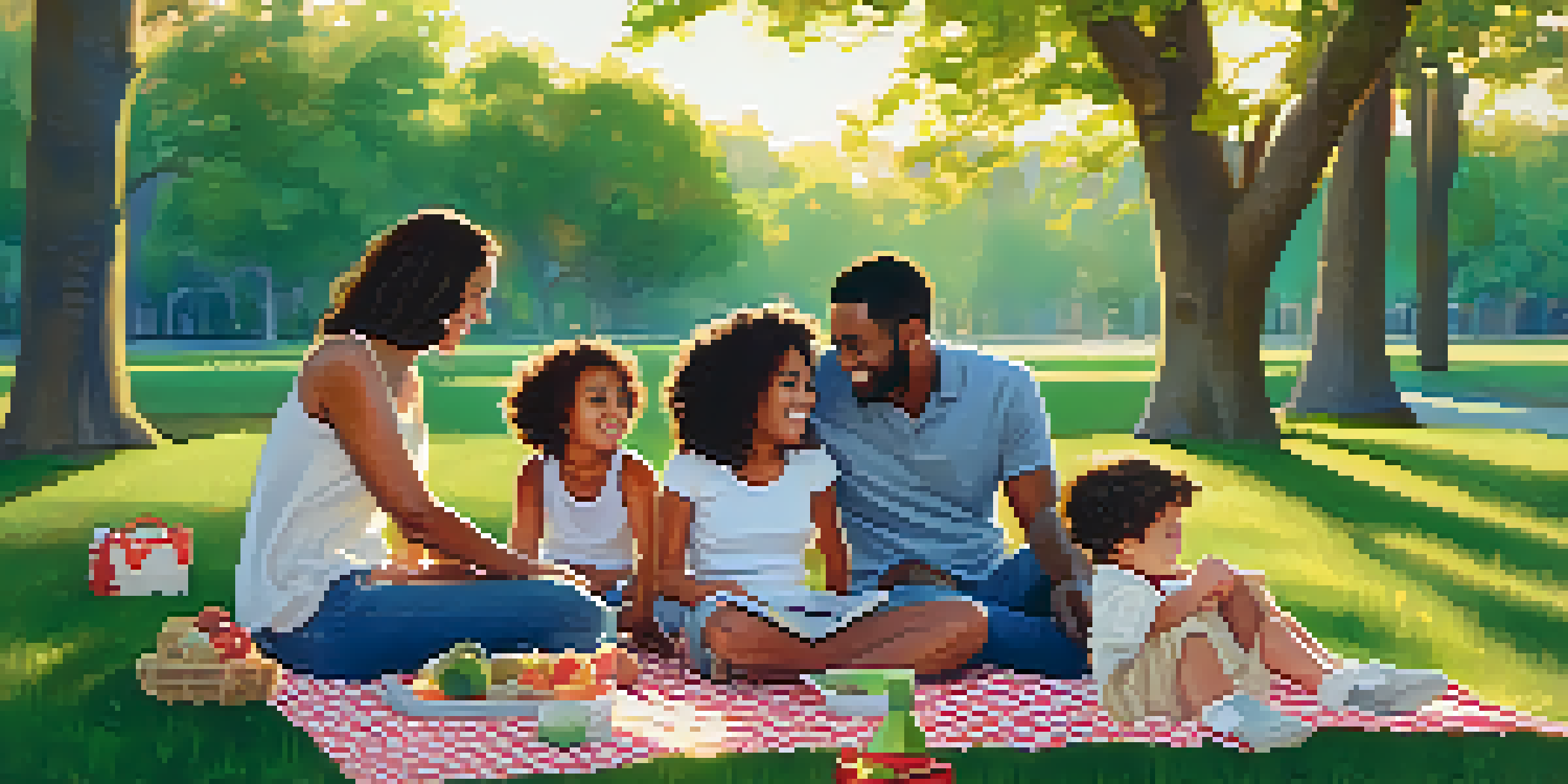 A group of diverse parents enjoying a picnic in a park during golden hour, sharing stories and laughter while children play nearby.