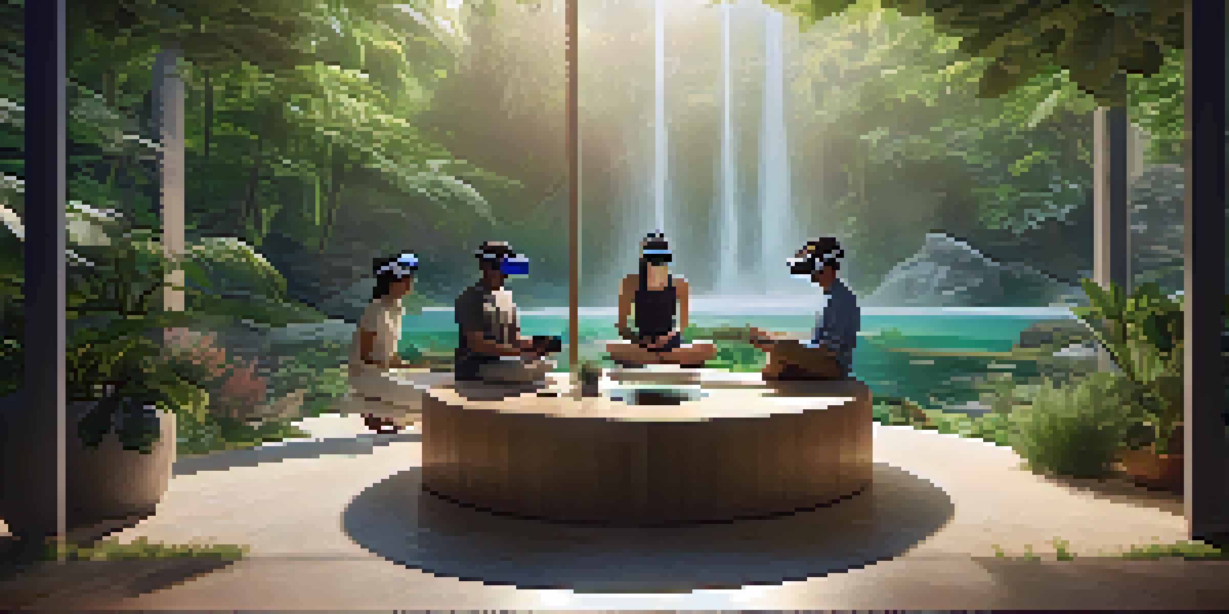 A group of people in a serene room wearing virtual reality headsets, surrounded by plants and soft lighting, engaged in therapy.