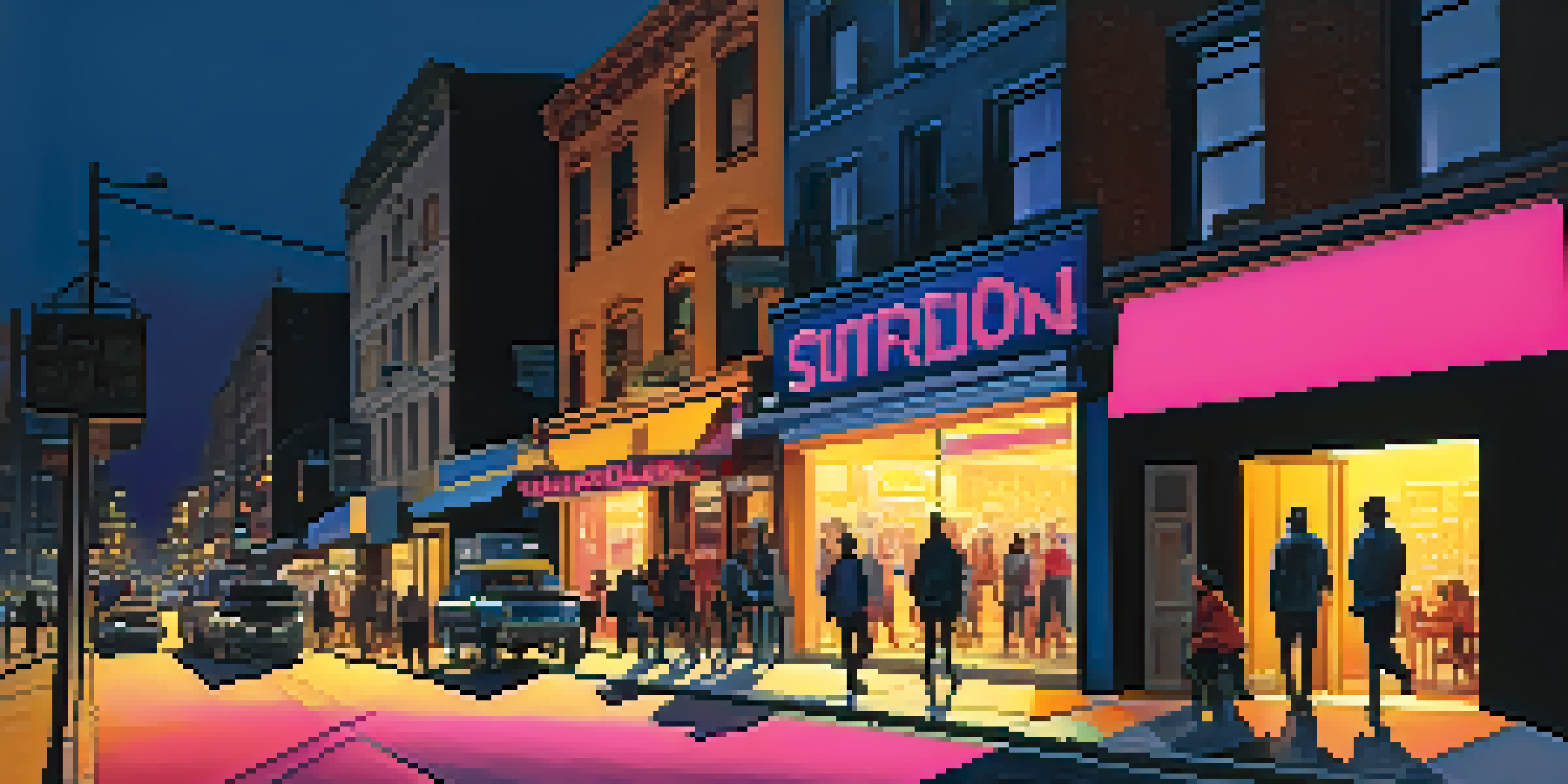 A lively urban street scene at dusk with people walking and a support group meeting in the foreground, illuminated by neon lights.