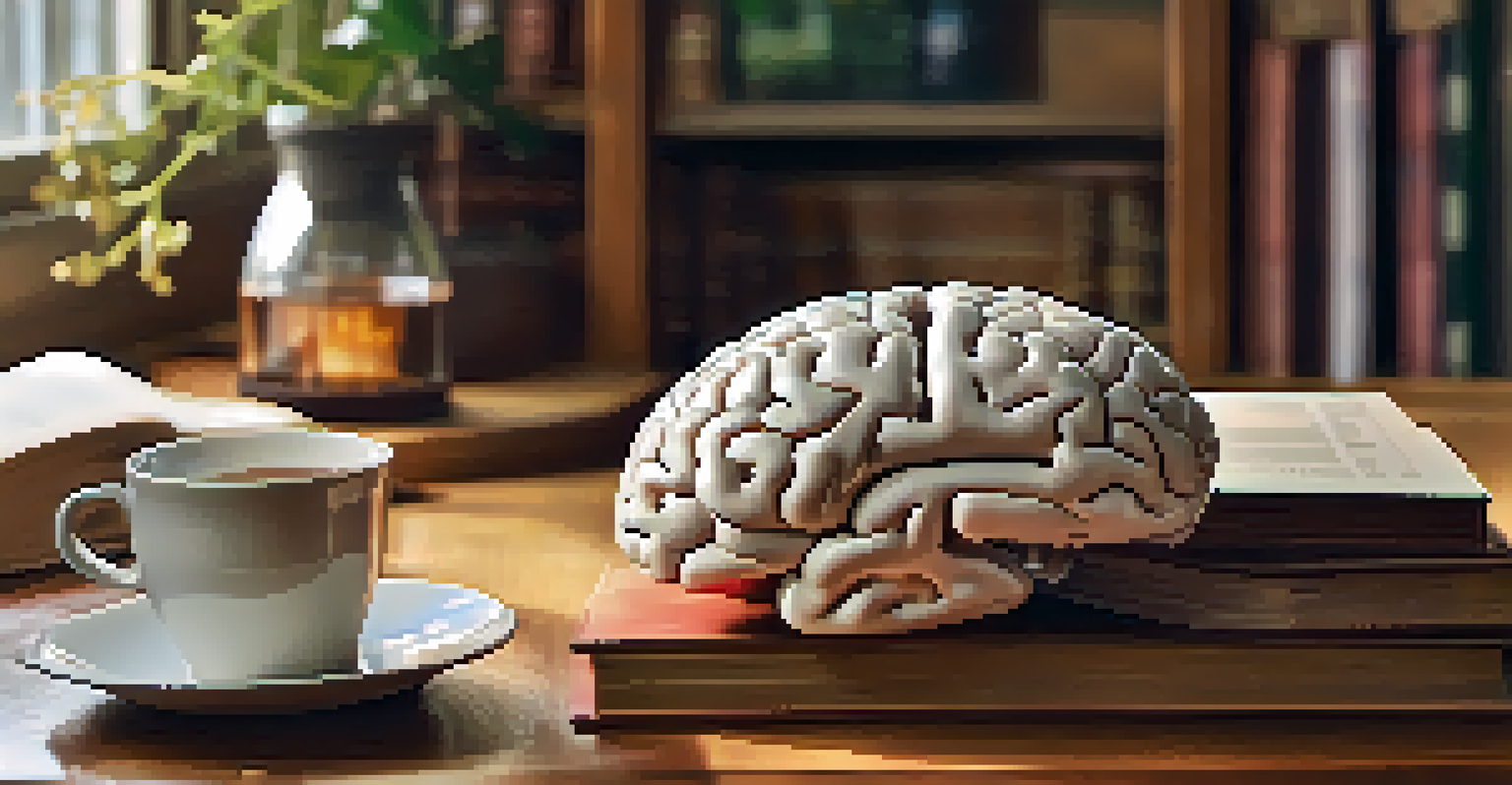 A close-up of a brain model on a table, surrounded by books and a cup of tea, in a study setting.