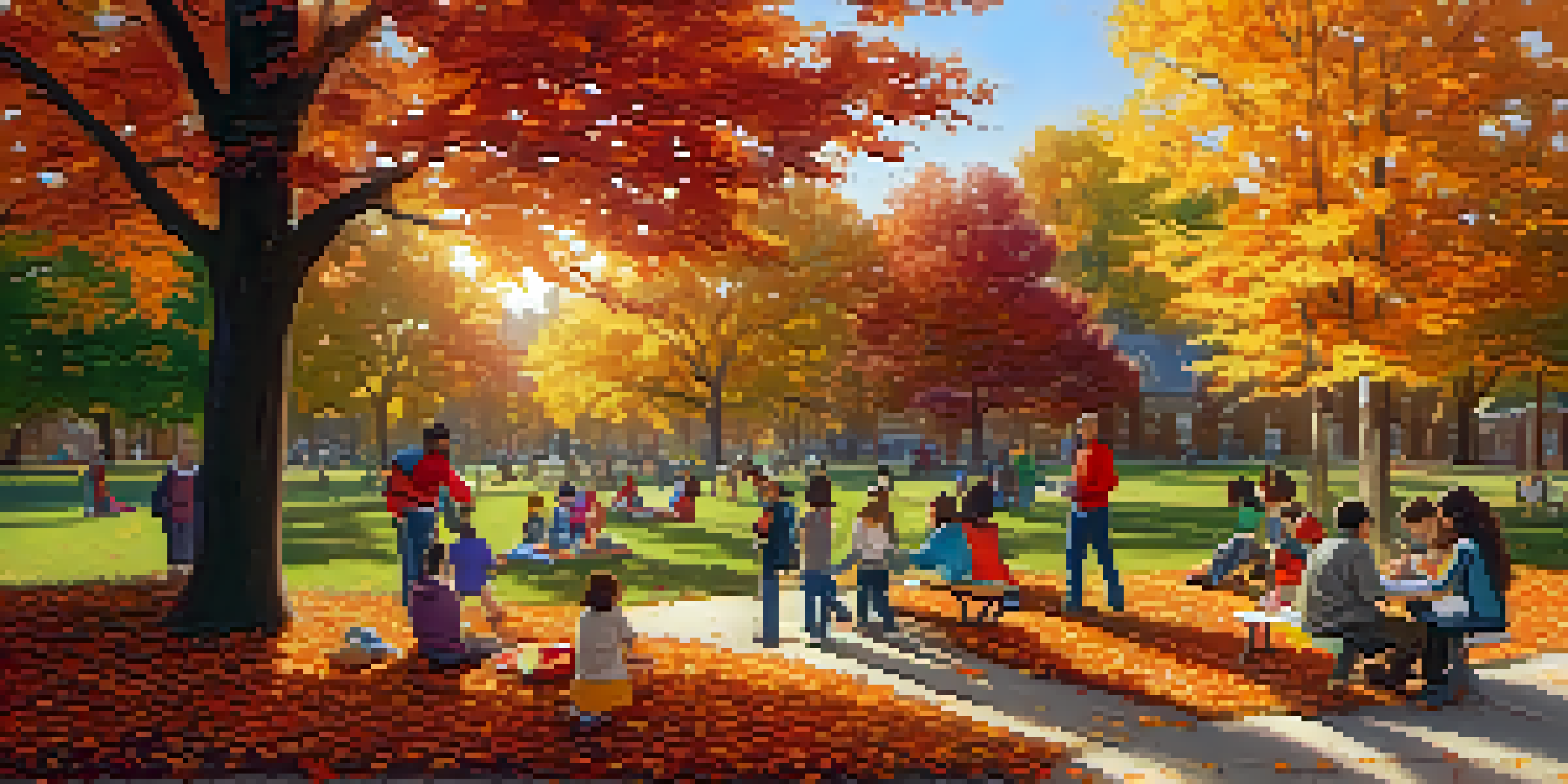A vibrant autumn park scene with families enjoying outdoor activities, children playing in colorful leaves, and sunlight filtering through trees.