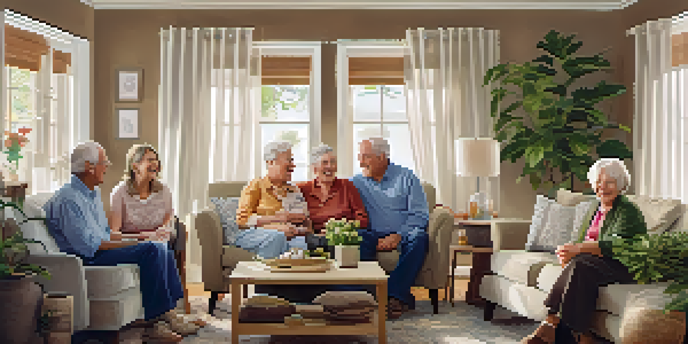 A family gathering in a cozy living room with seniors and family members sharing joyful moments together.