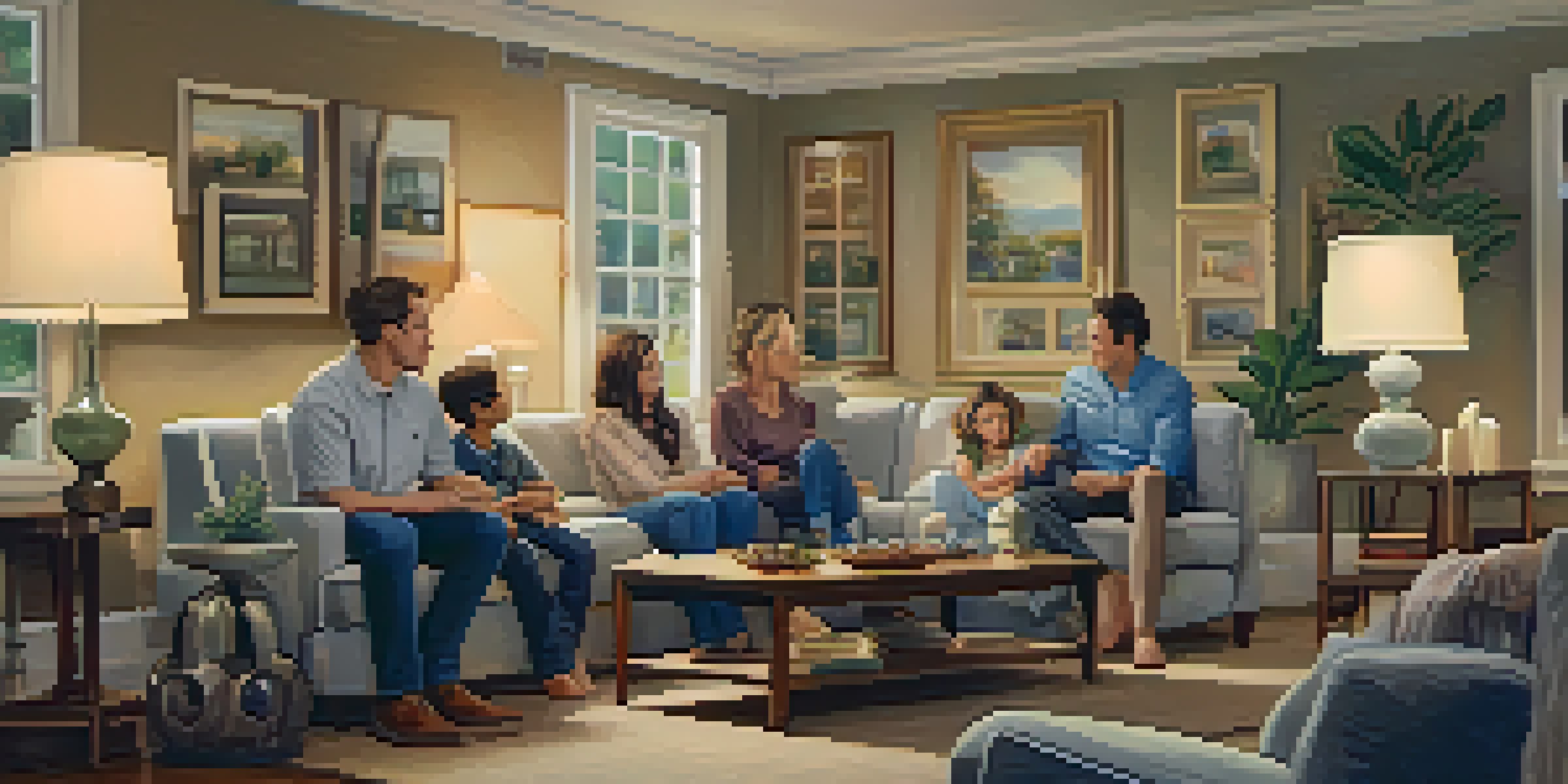 A family sitting together in a living room, engaged in a supportive conversation with warm lighting highlighting their expressions.
