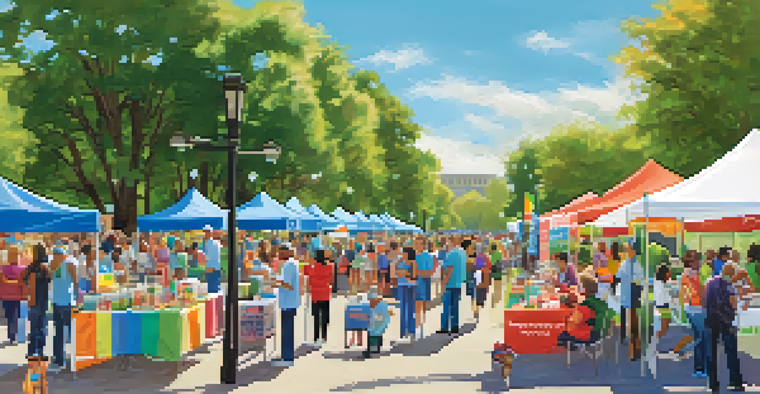 A vibrant community health fair in a park, featuring booths with health services, people engaging in activities, and enjoying healthy food.
