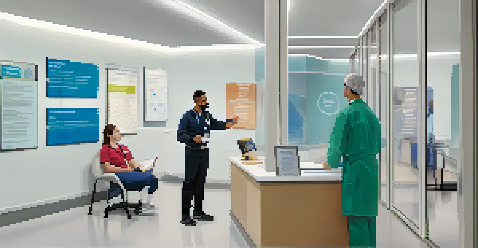 A healthcare professional discussing harm reduction strategies with a patient in a modern clinic filled with educational materials.