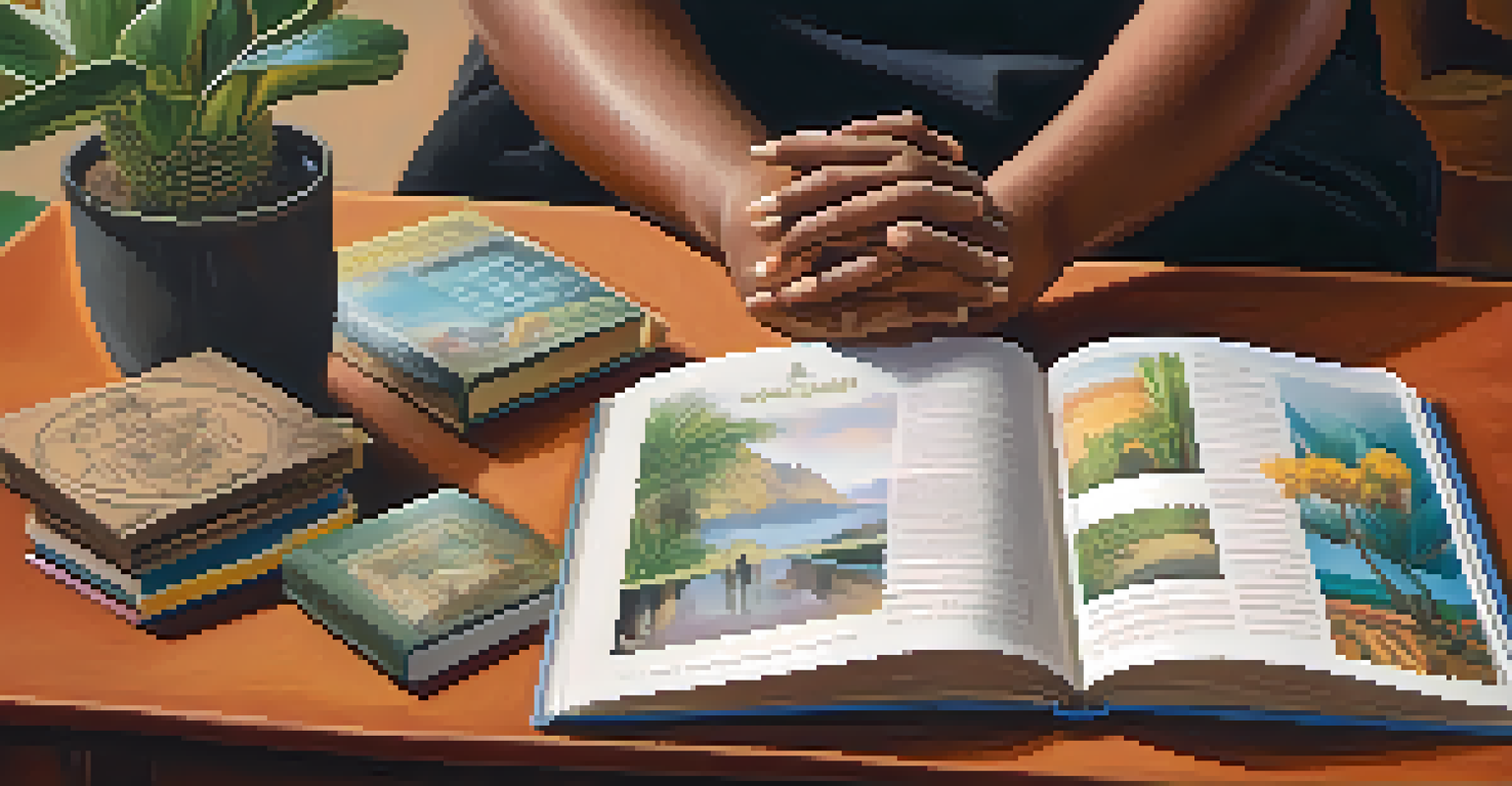 A close-up of a therapist's hands holding a culturally relevant book on addiction recovery, with personal items and warm lighting creating an inviting atmosphere.