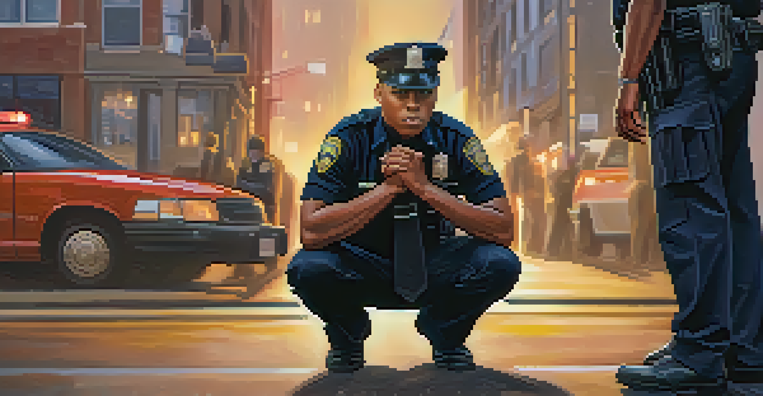 A law enforcement officer kneeling beside a distressed young person, showing compassion and support in an urban setting.