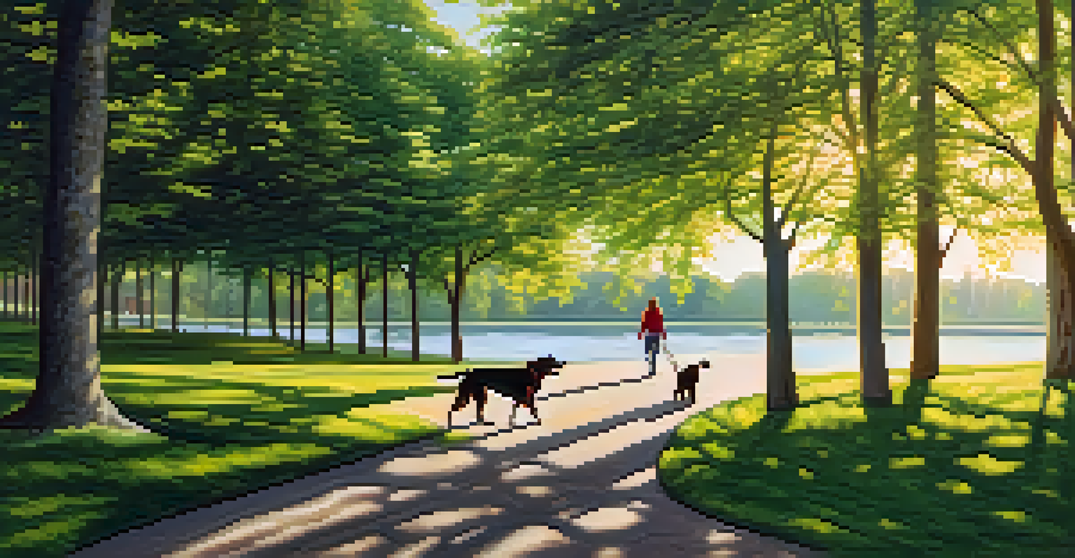 A person walking a dog in a sunny park, surrounded by trees, representing the importance of support systems in recovery.