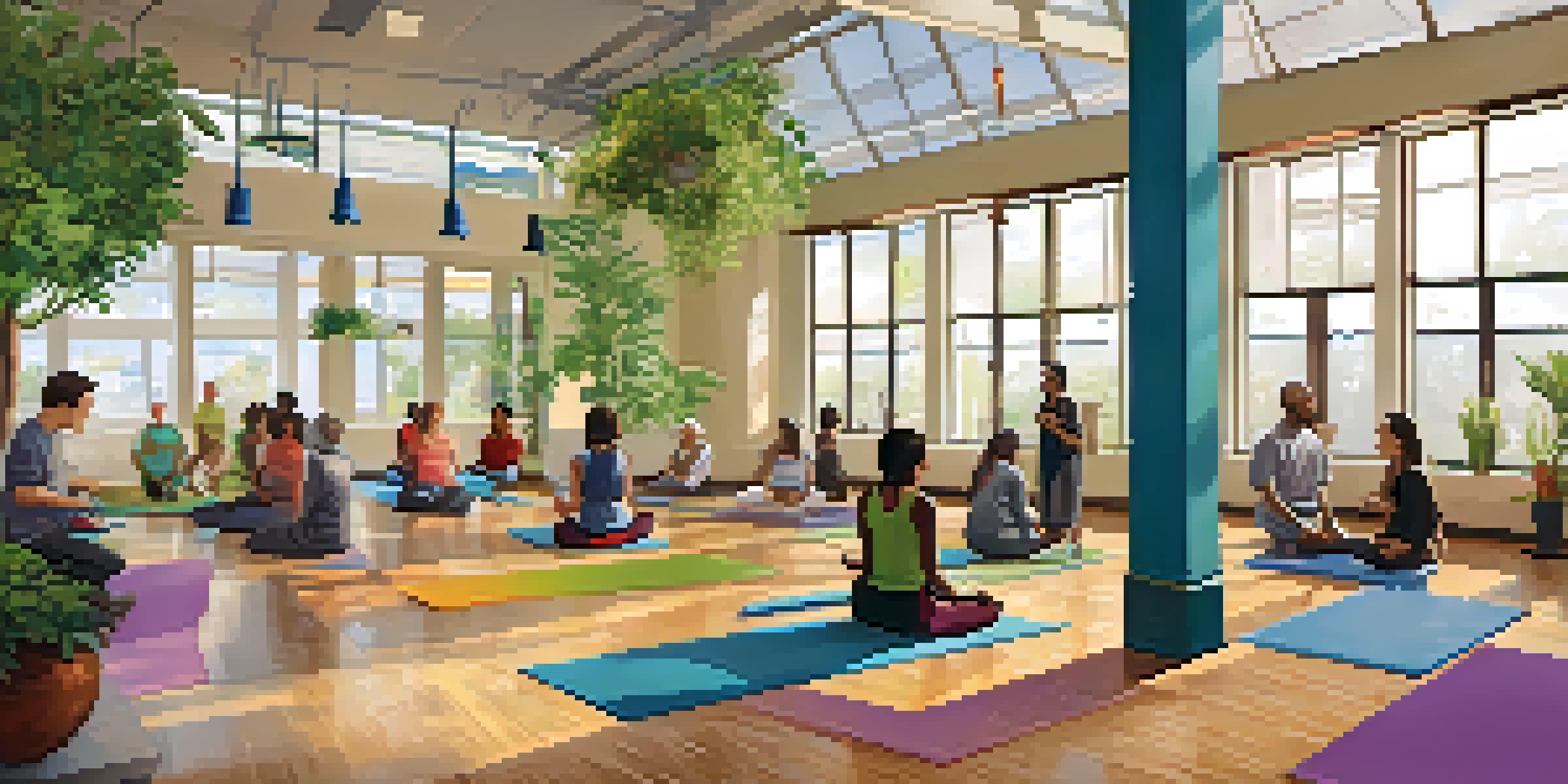 A vibrant community center filled with people participating in various activities related to wellness and recovery, with colorful decor and natural light.