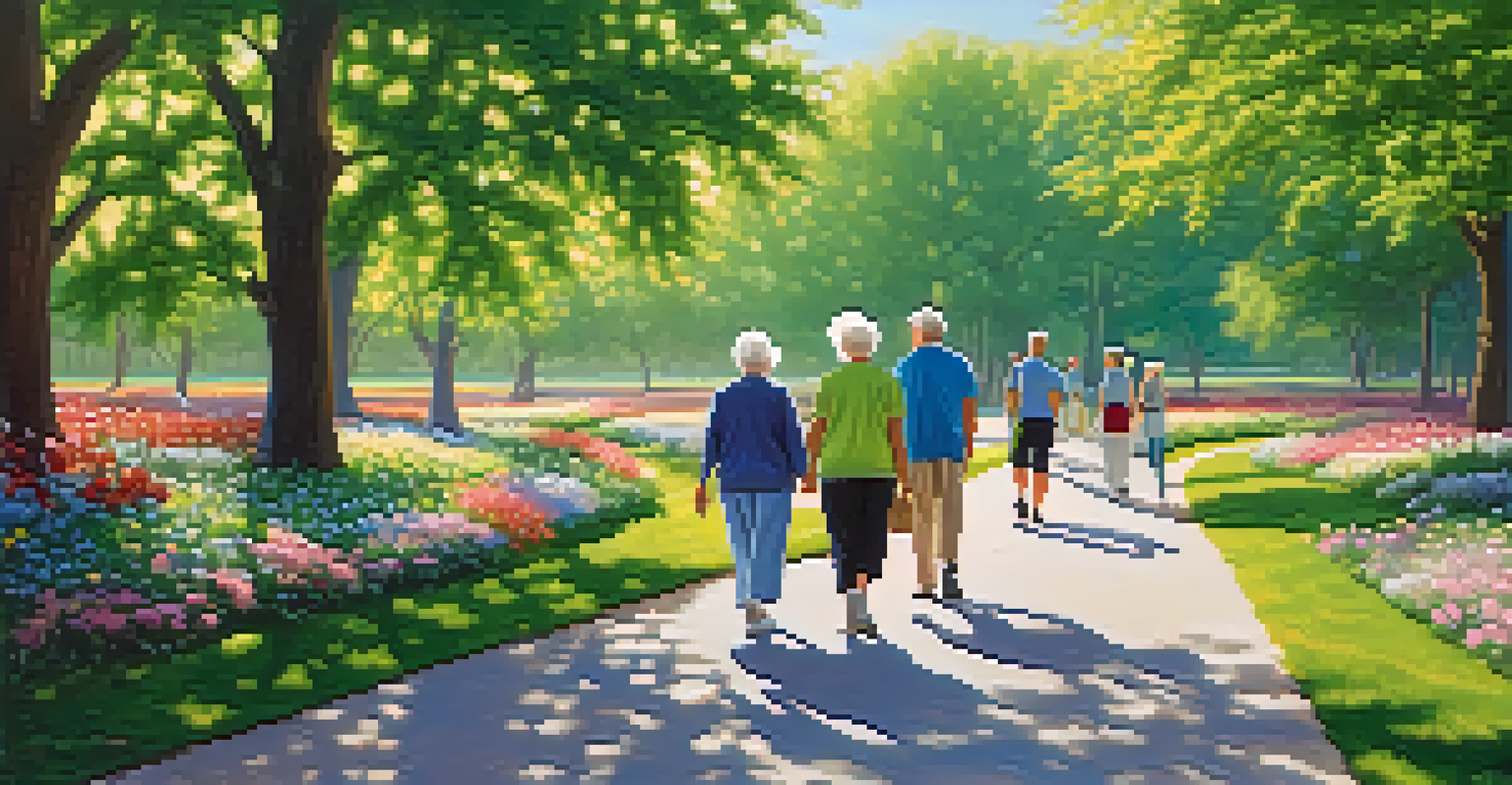 An older couple walking in a park with blooming flowers, while other seniors participate in an exercise class.