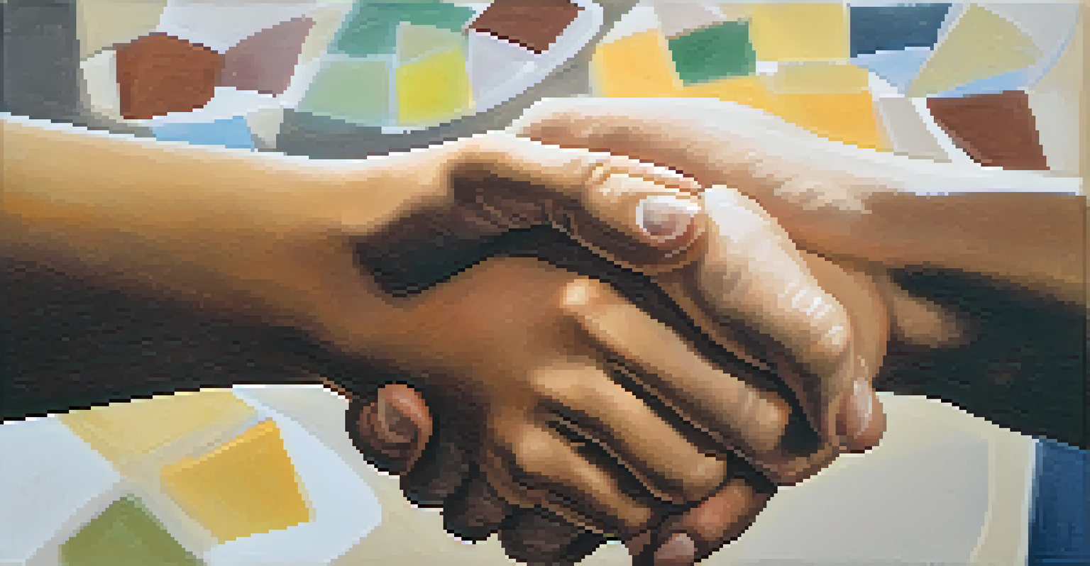 A close-up of two hands clasped together, symbolizing support, with a blurred background of a recovery meeting.