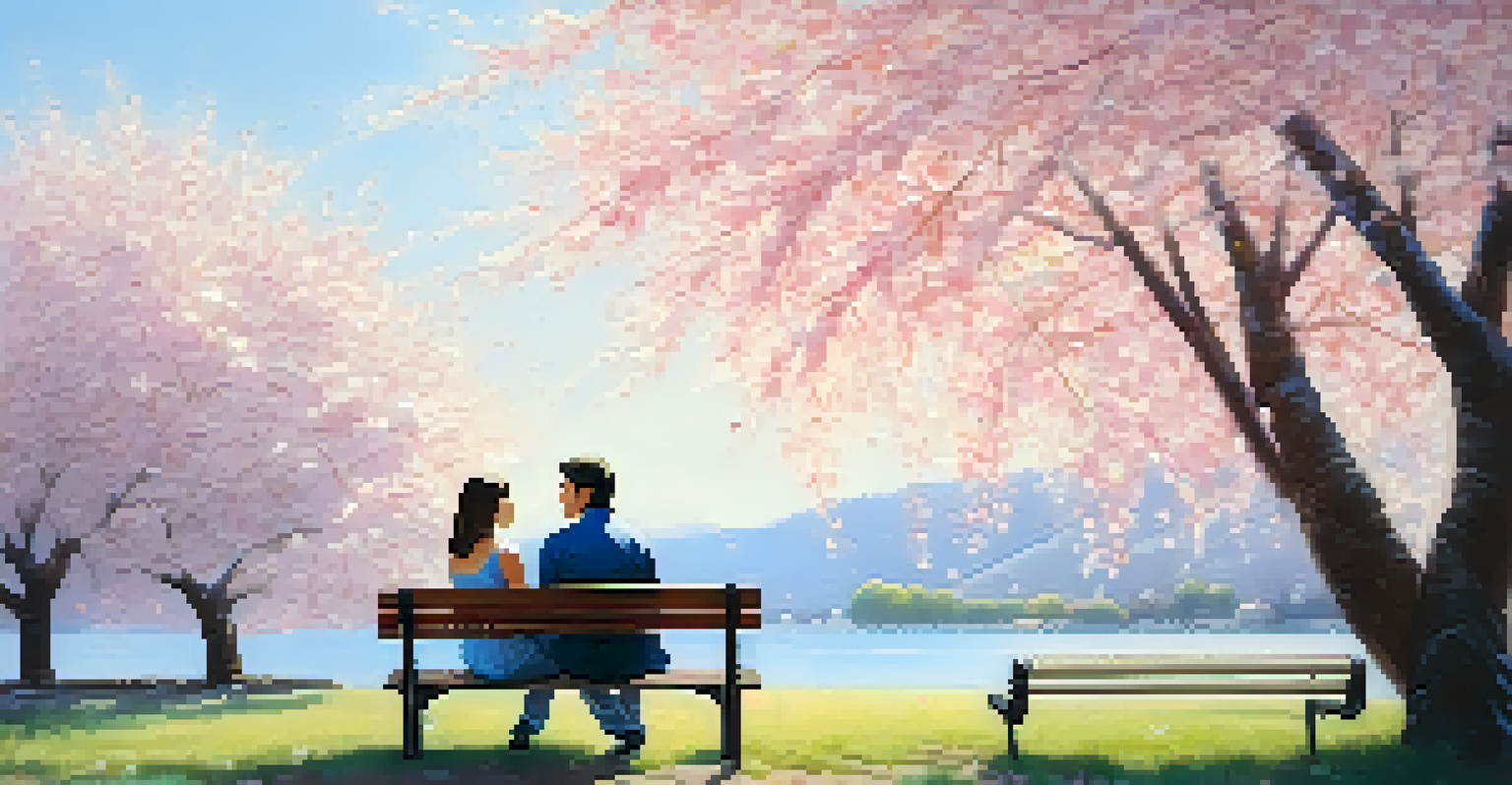 A couple sitting on a bench under a cherry blossom tree, holding hands and looking at each other, with petals falling around them.