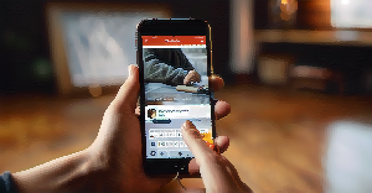 Close-up of hands holding a smartphone with a social media feed of supportive addiction recovery messages.
