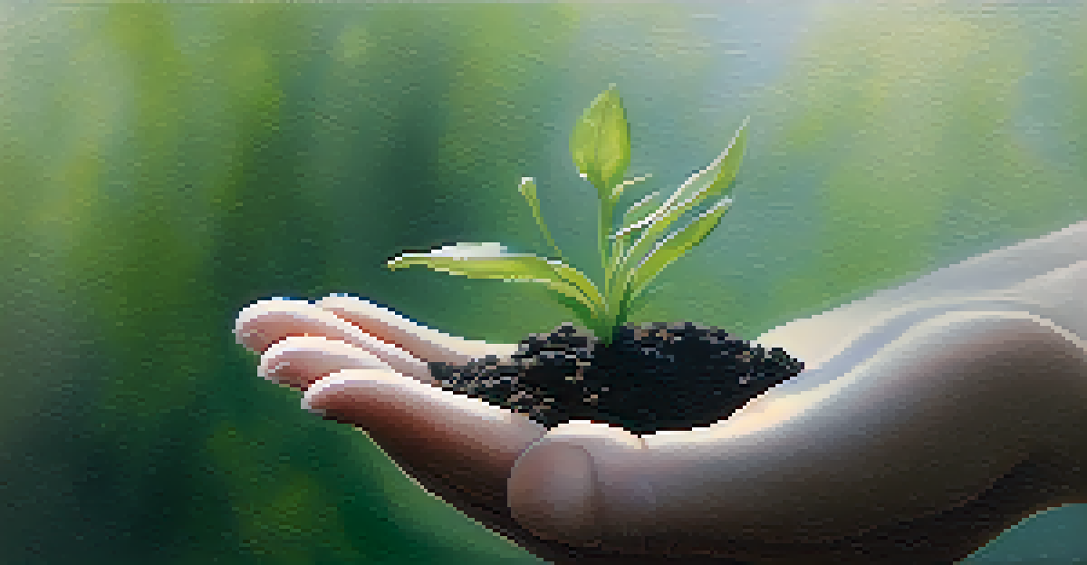 A hand holding a small plant against a softly blurred green background.