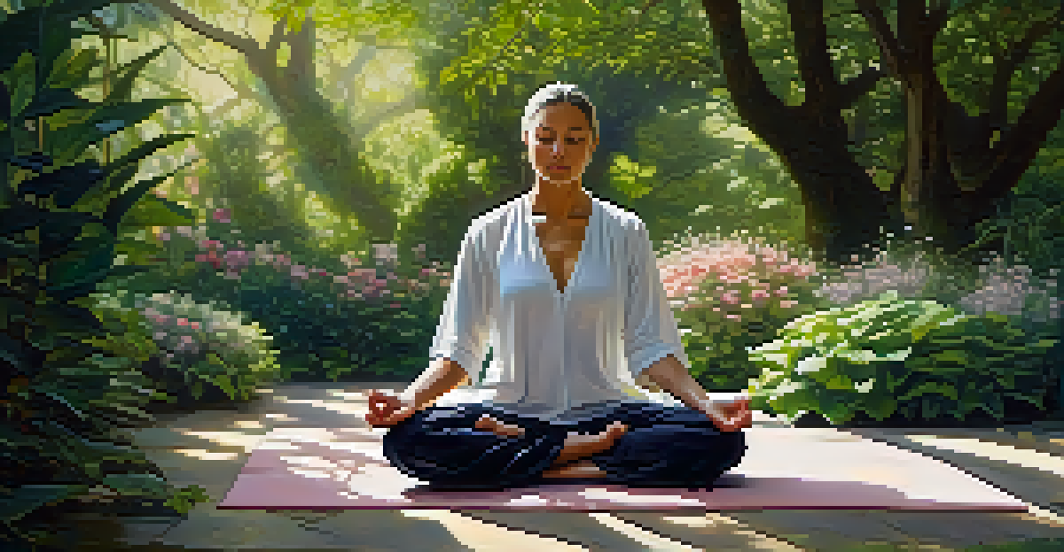An individual meditating in a lush garden, surrounded by flowers and greenery, illuminated by soft morning light.