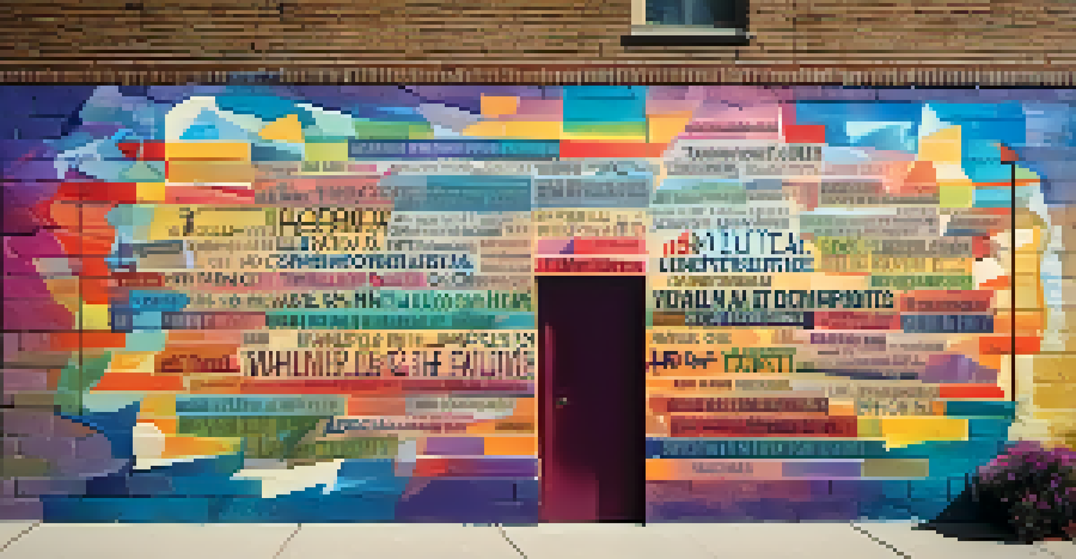 A vibrant mural on a brick wall promoting mental health and addiction awareness with abstract designs and positive phrases.