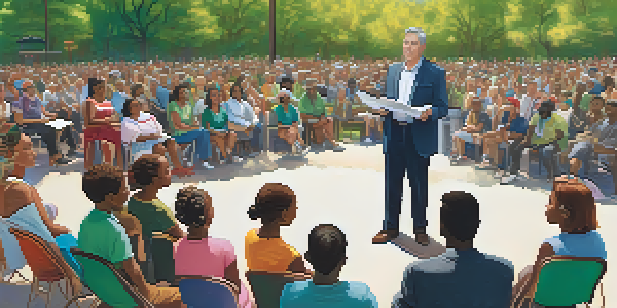 A community leader speaking to a diverse audience in a park, emphasizing addiction awareness.