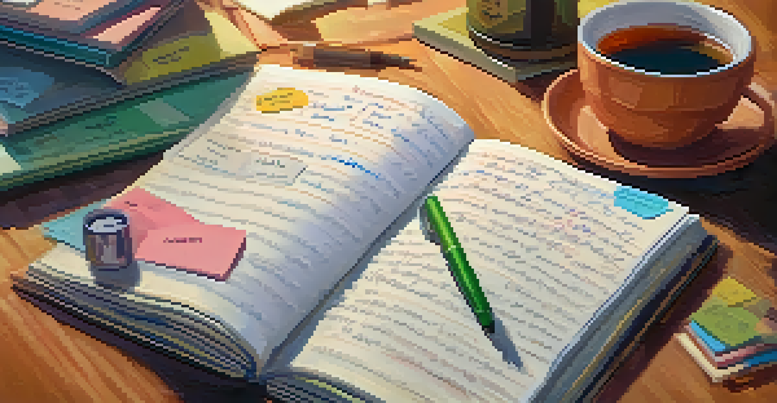 A hand writing in a journal filled with colorful notes, next to a steaming cup of tea, under soft ambient lighting.