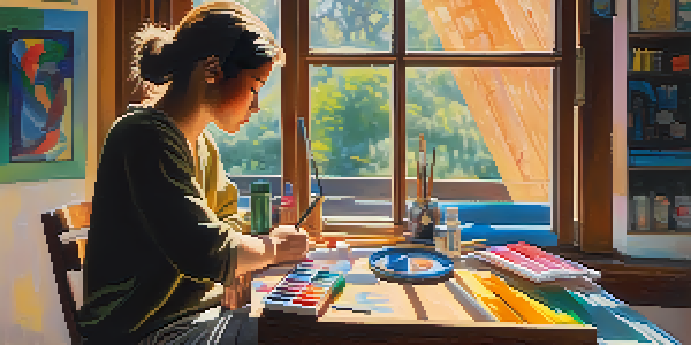 A person painting on a canvas at a wooden table, bathed in soft morning light, surrounded by art supplies.