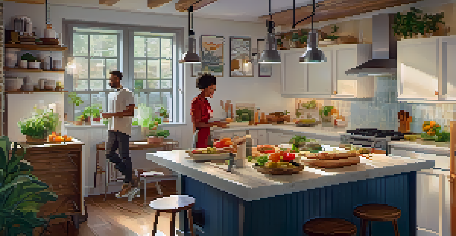 A couple cooking together in a cozy kitchen, smiling and laughing, with warm lighting.
